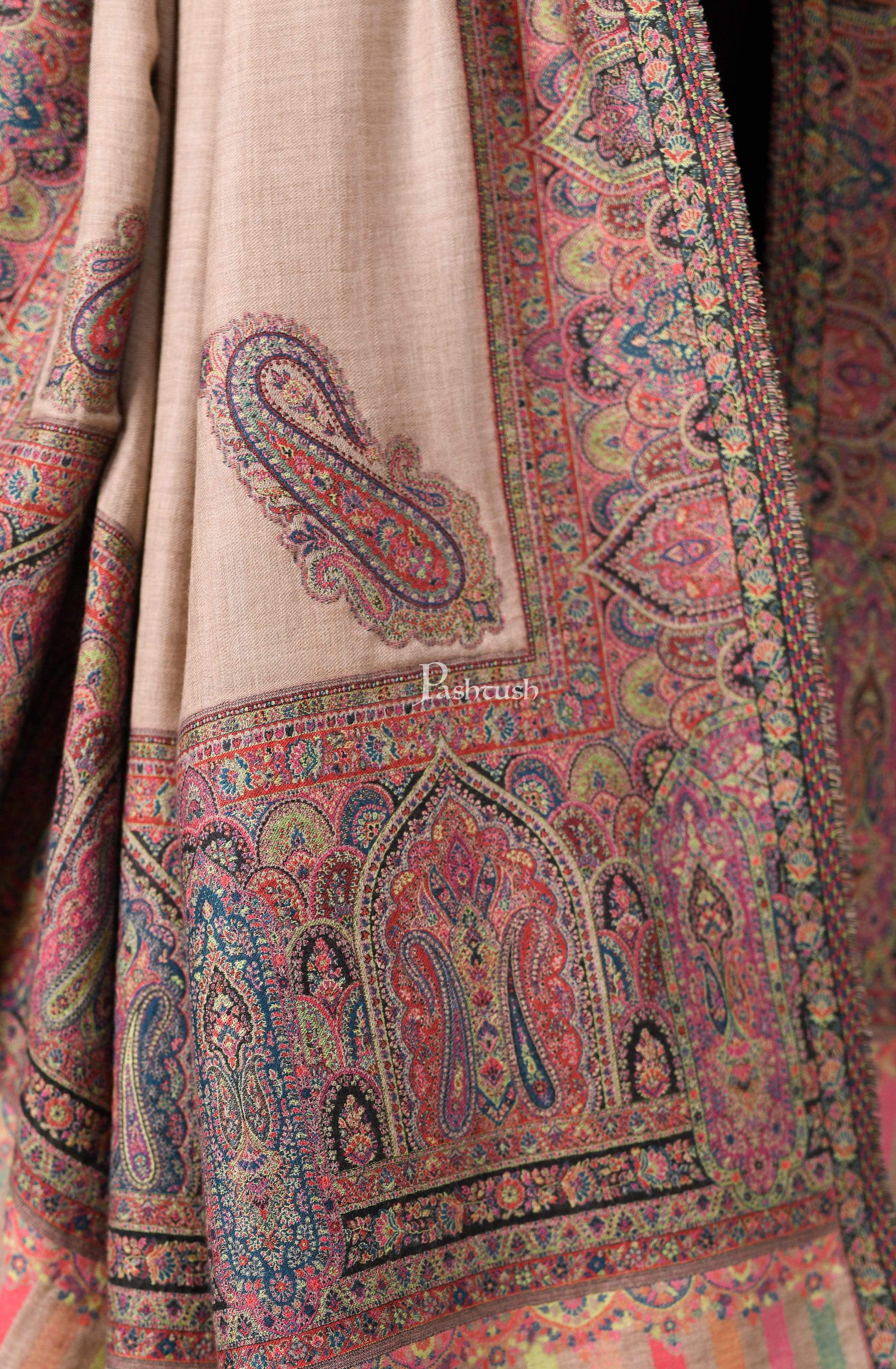 Pashtush Mens Multicoloured and Beige Shawl, With Palle-Dar Ethnic Weave, Fine Wool, Full Size - Image 2