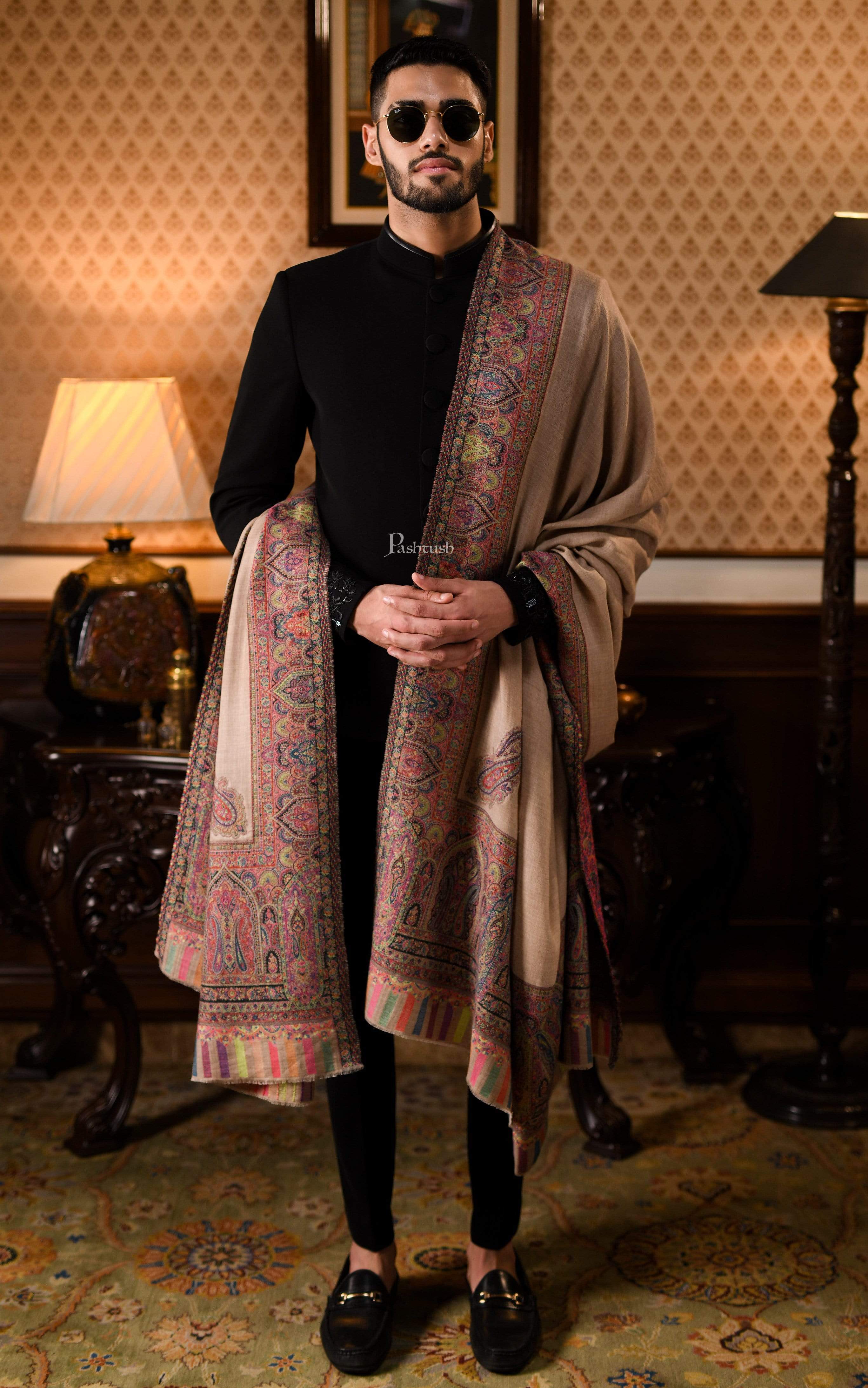 Pashtush Mens Multicoloured and Beige Shawl, With Palle-Dar Ethnic Weave, Fine Wool, Full Size - Image 3