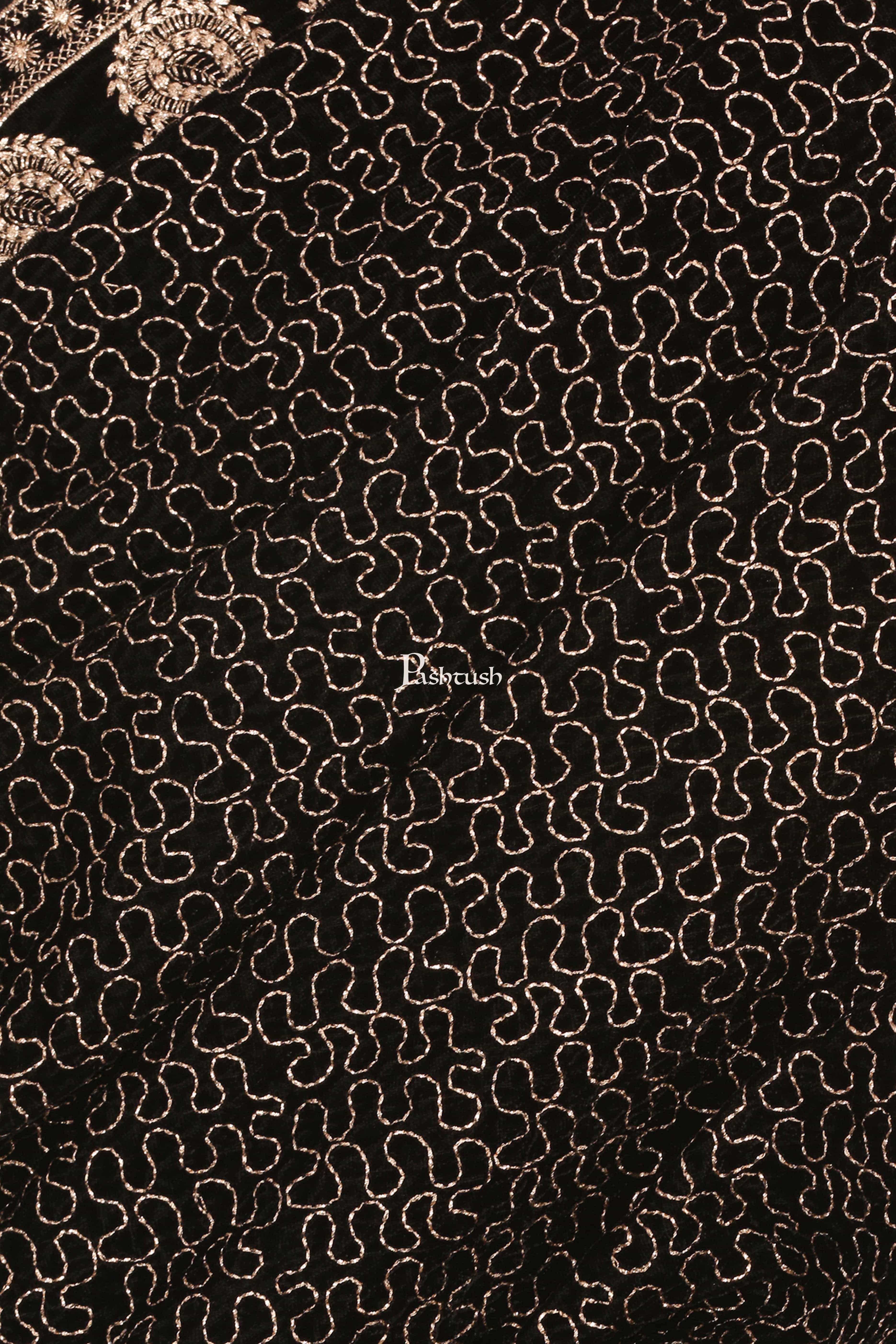 Pashtush Mens Black Velvet Shawl, With Tilla Zardozi Embroidery - Image 2