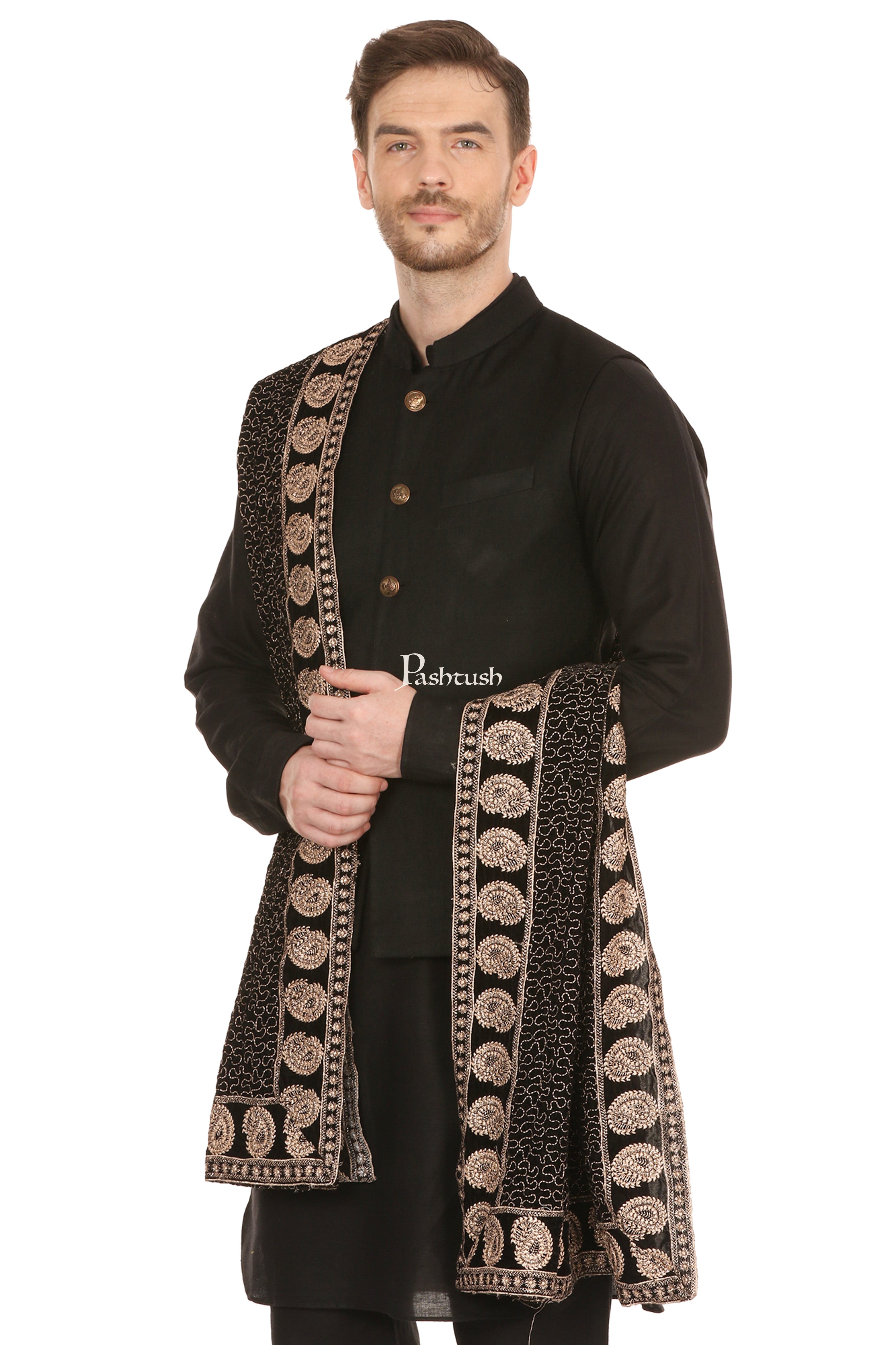 Pashtush Mens Black Velvet Shawl, With Tilla Zardozi Embroidery - Image 3