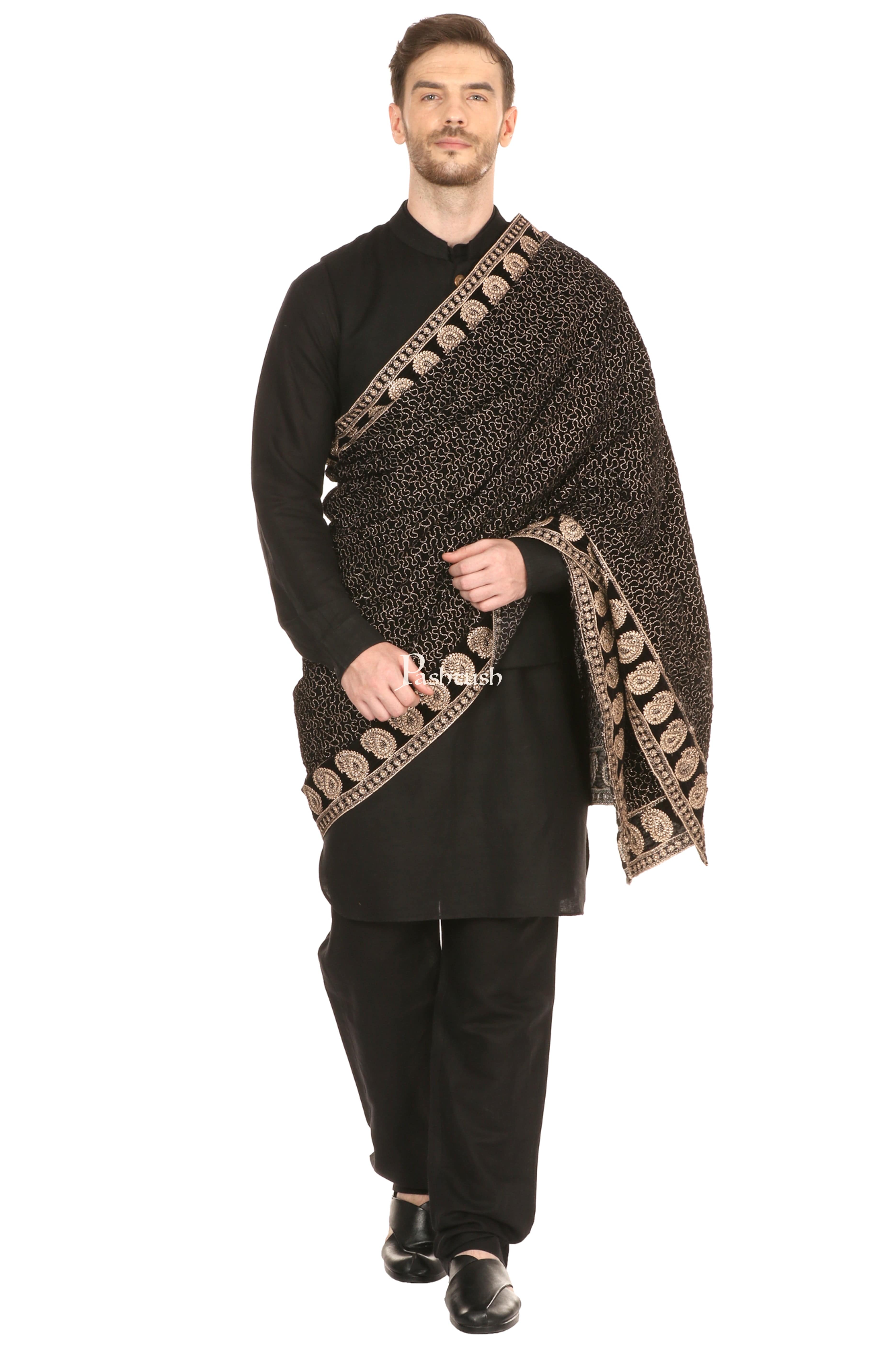 Pashtush Mens Black Velvet Shawl, With Tilla Zardozi Embroidery - Image 5