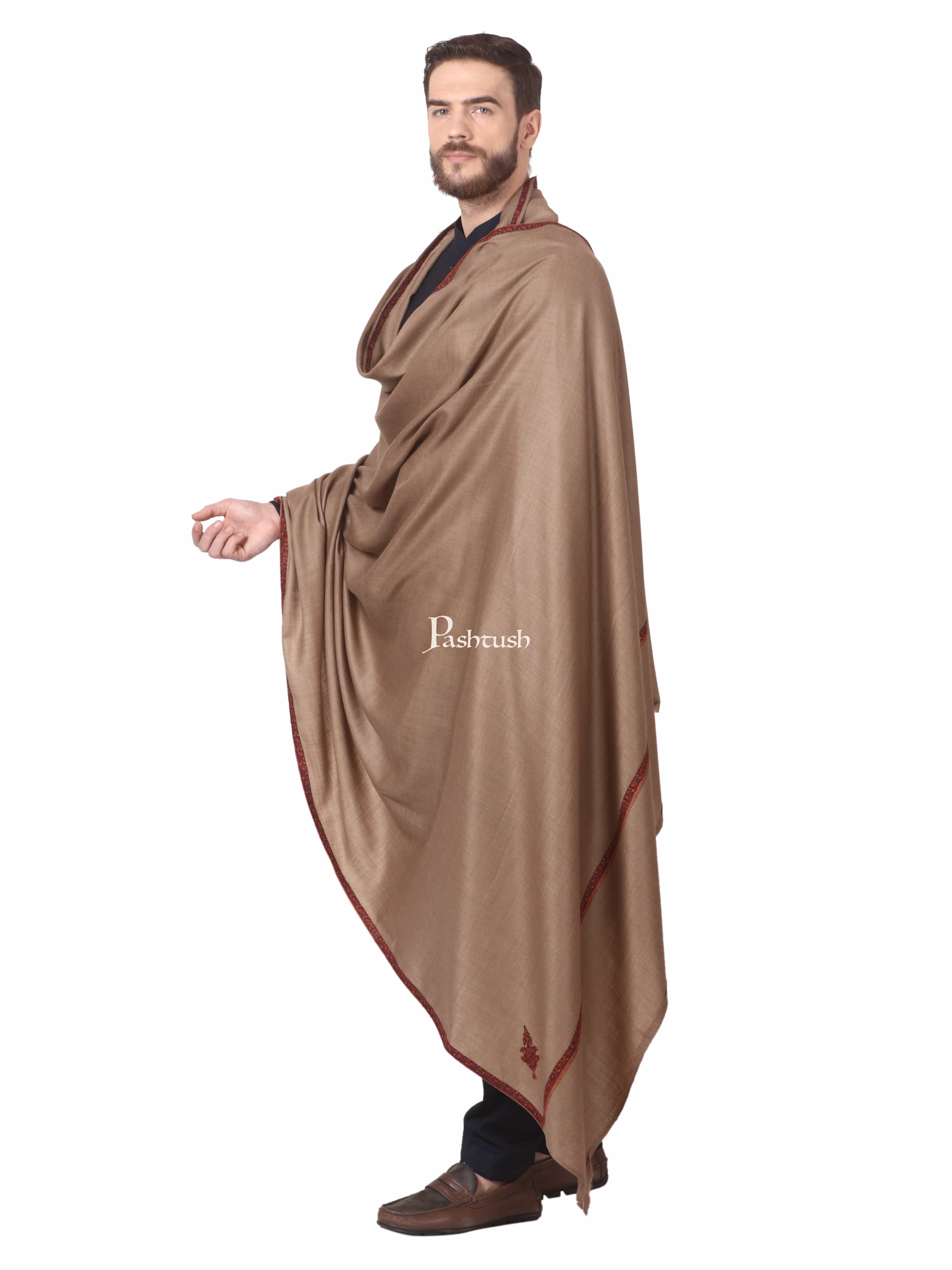 Pashtush Mens Border Embroidery Mens Shawl With Handwork In Dark Taupe - Image 6