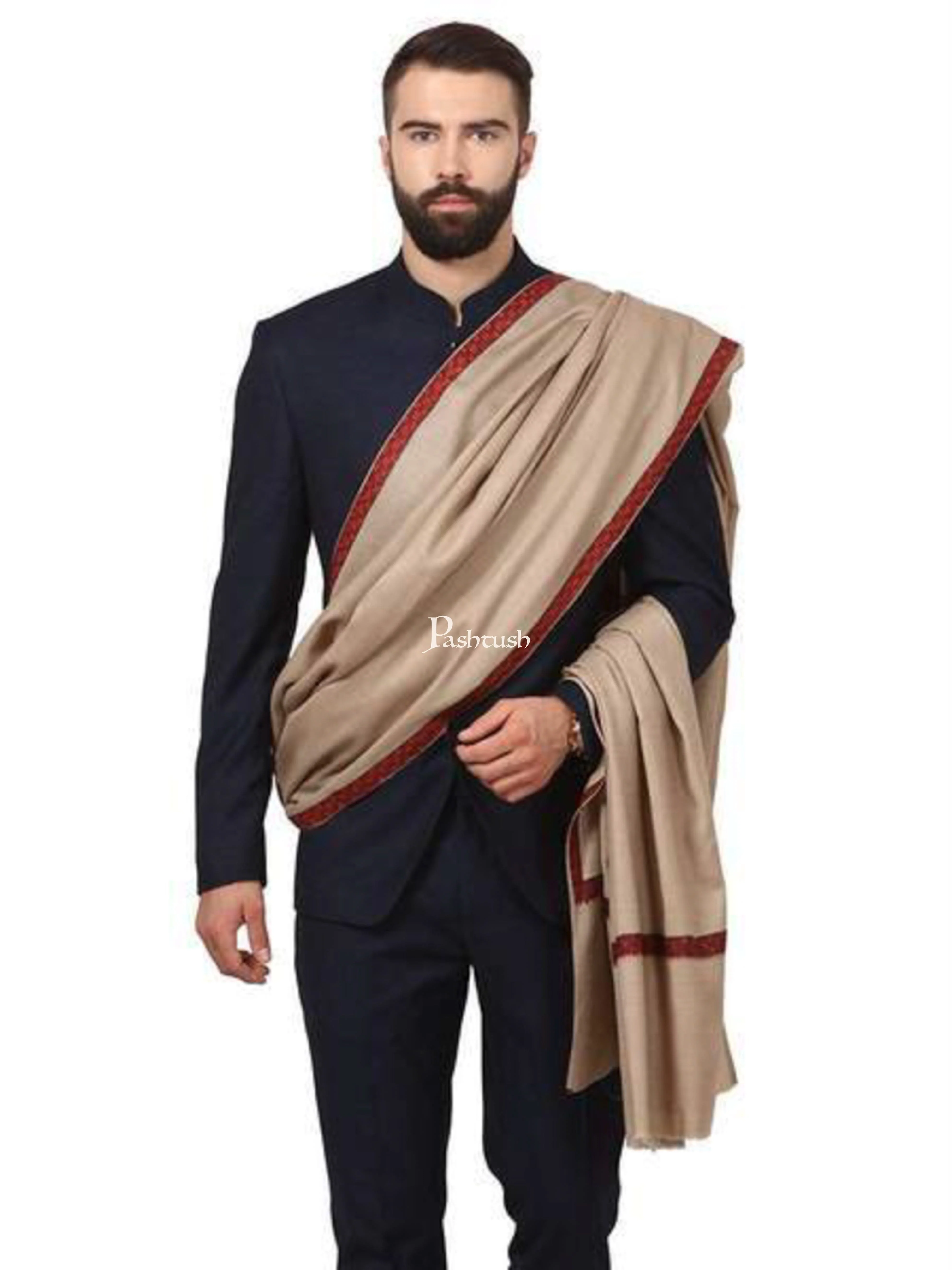 Pashtush Mens Embroidery Mens Shawl, Full Size, Beige