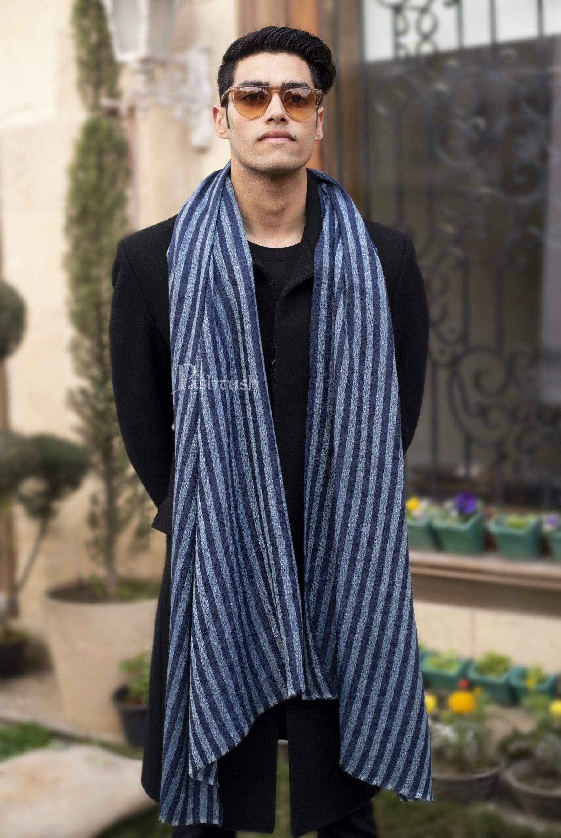 Pashtush Mens Cashmere And Wool Scarf, Striped Cobalt Blue - Image 3