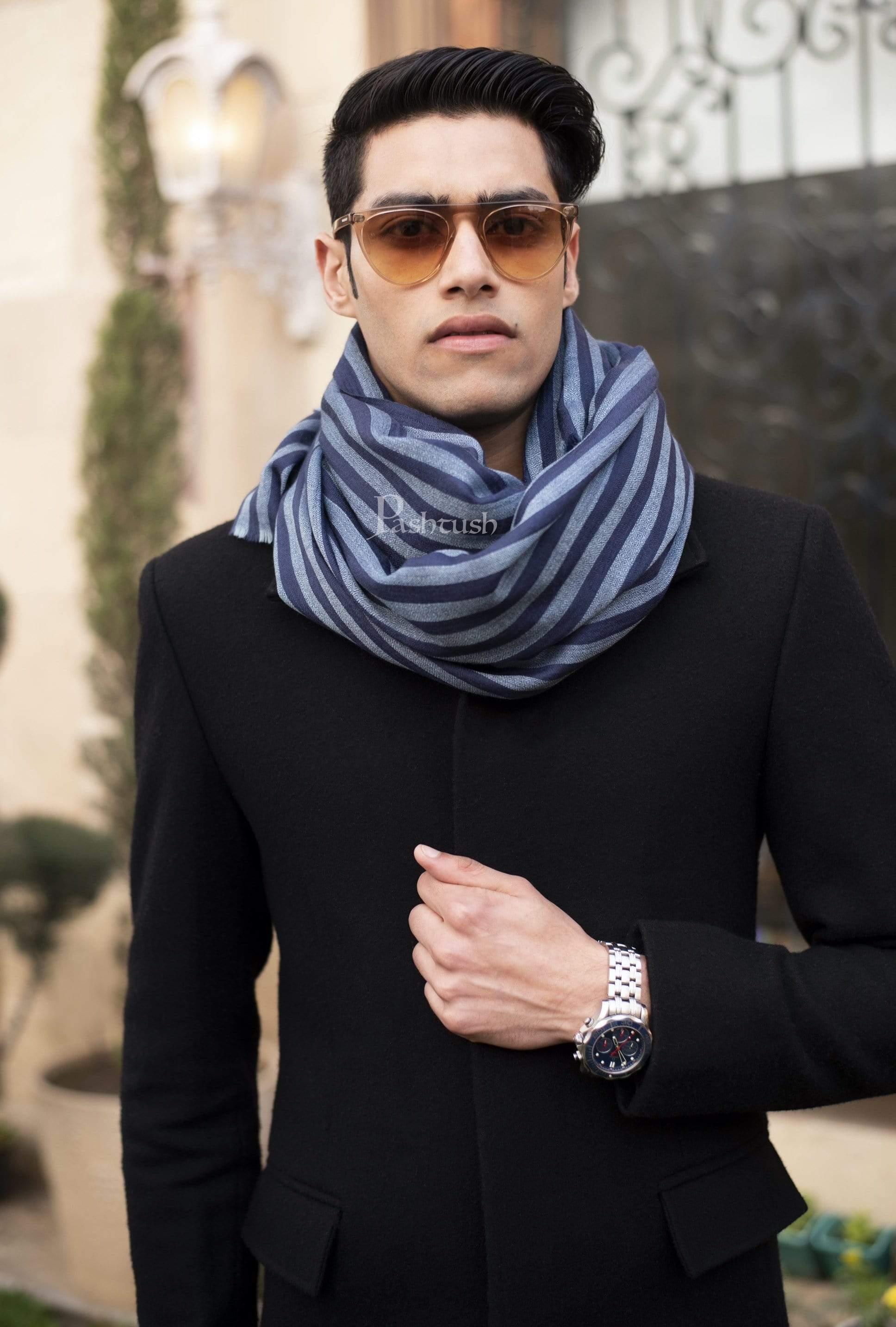 Pashtush Mens Cashmere And Wool Scarf, Striped Cobalt Blue - Image 4