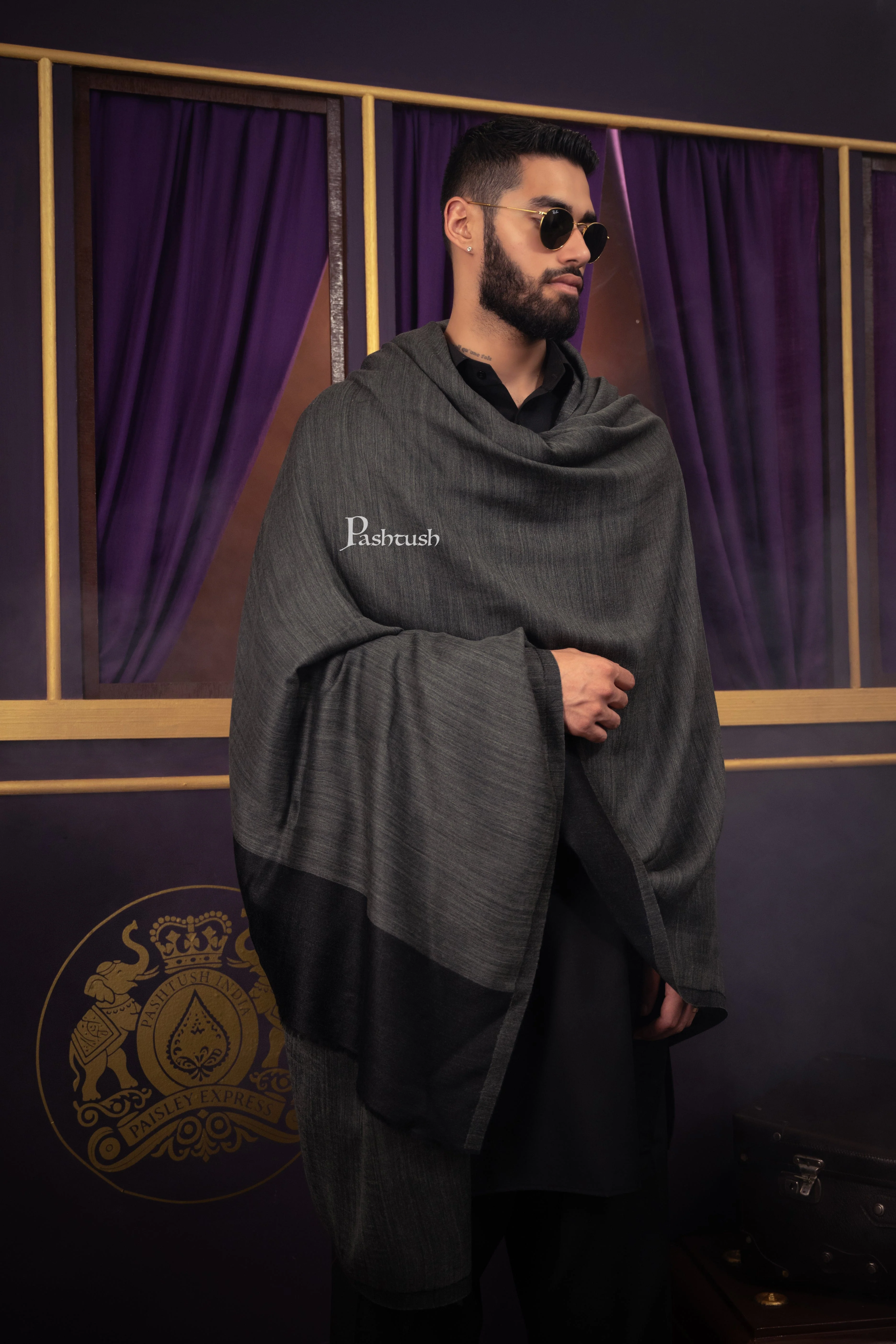 Pashtush Mens Cashmere Shawl, Reversible Design, Black - Image 3
