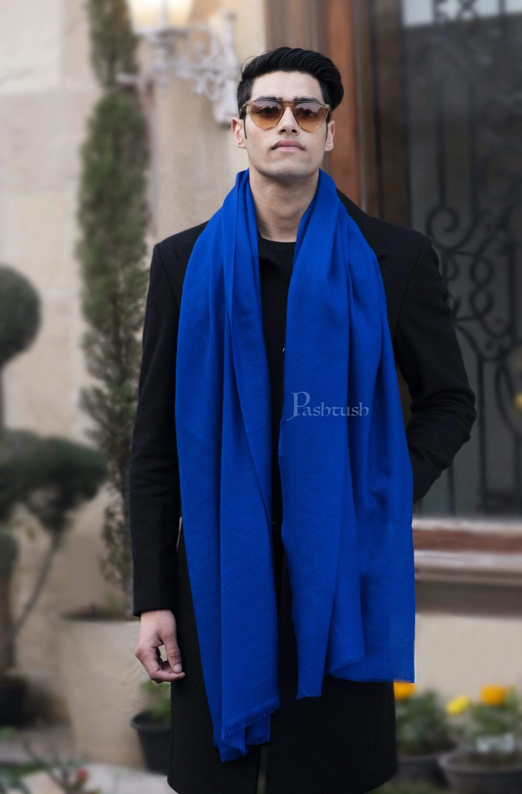 Pashtush Mens Cashmere Wool Scarf, Diamond Weave, Azure Blue - Image 5