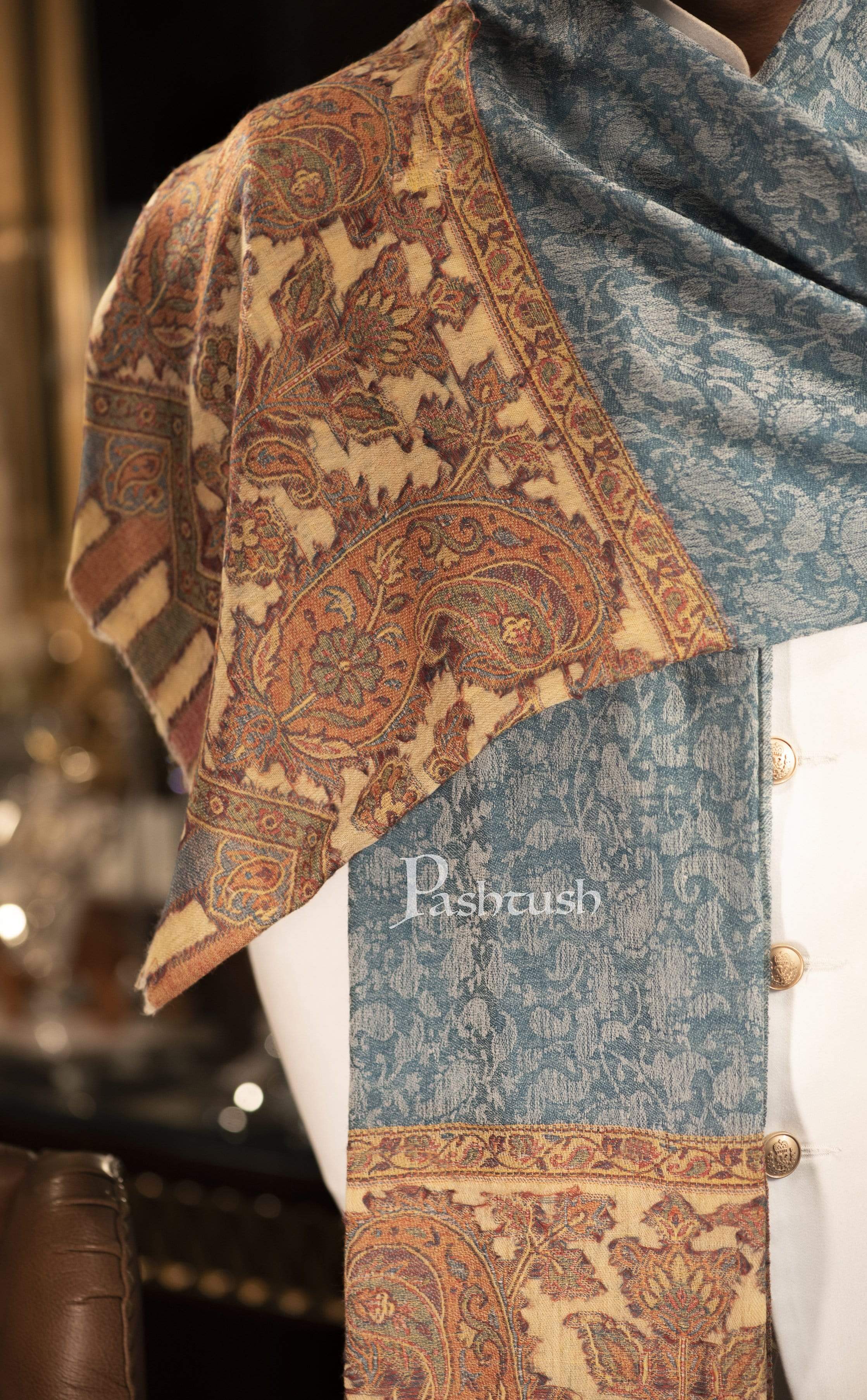 Pashtush Mens Cashmere Wool Scarf, Ethnic Design, Arabic Blue - Image 4