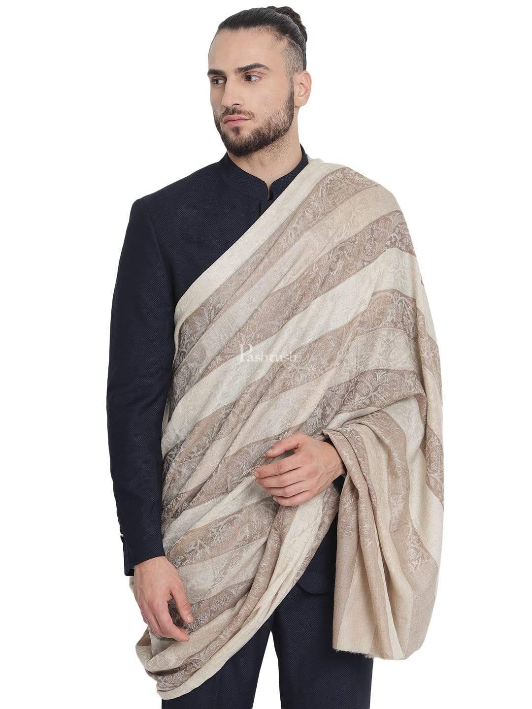Pashtush Mens Checkered Shawl, Natural Beige, Fine Wool, Medium - Image 5