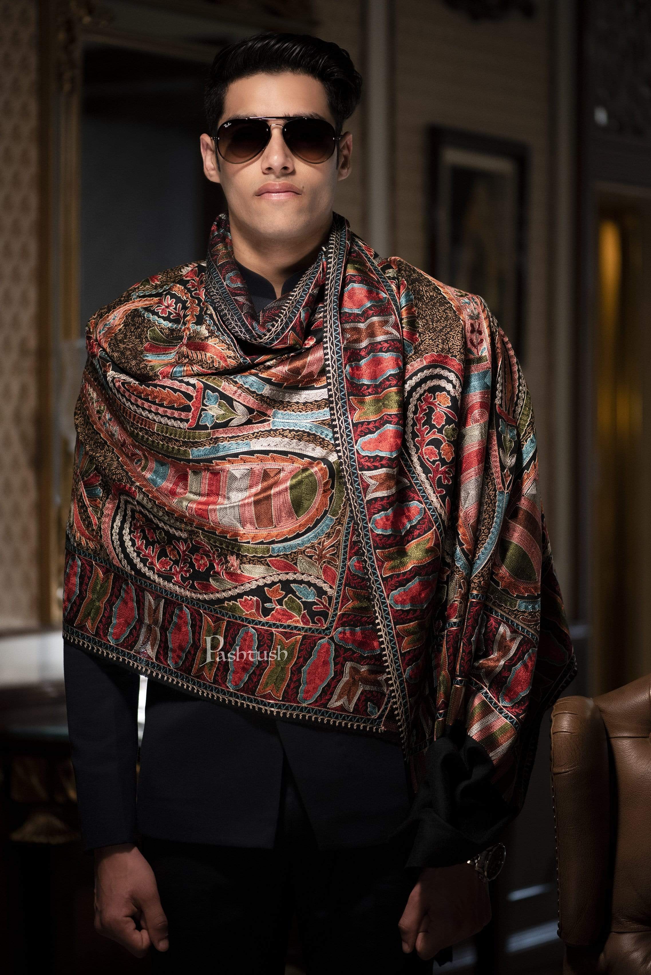 Pashtush Mens Collection, Wool Embroidery Nalki Scarf, Rich Black