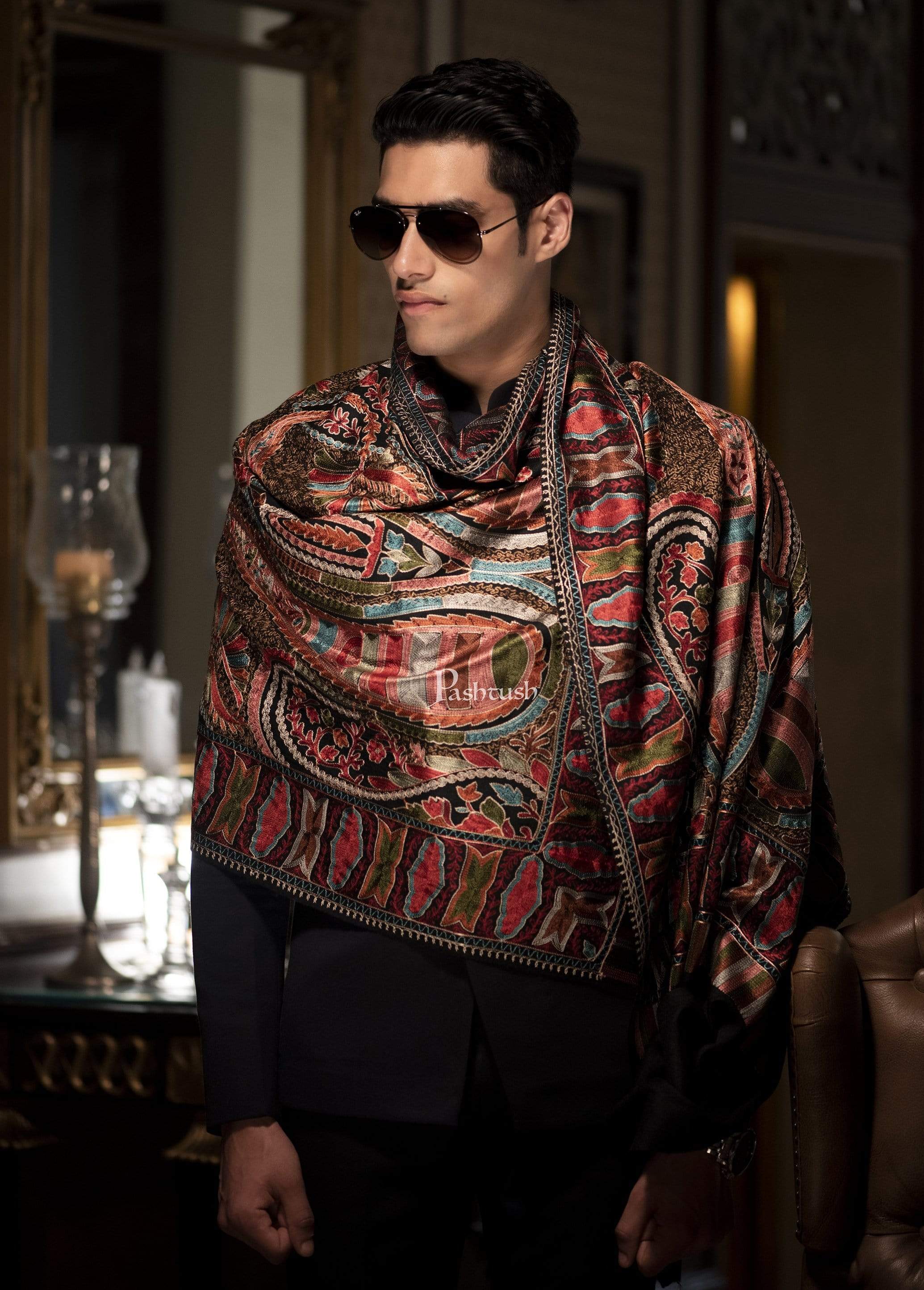 Pashtush Mens Collection, Wool Embroidery Nalki Scarf, Rich Black - Image 5