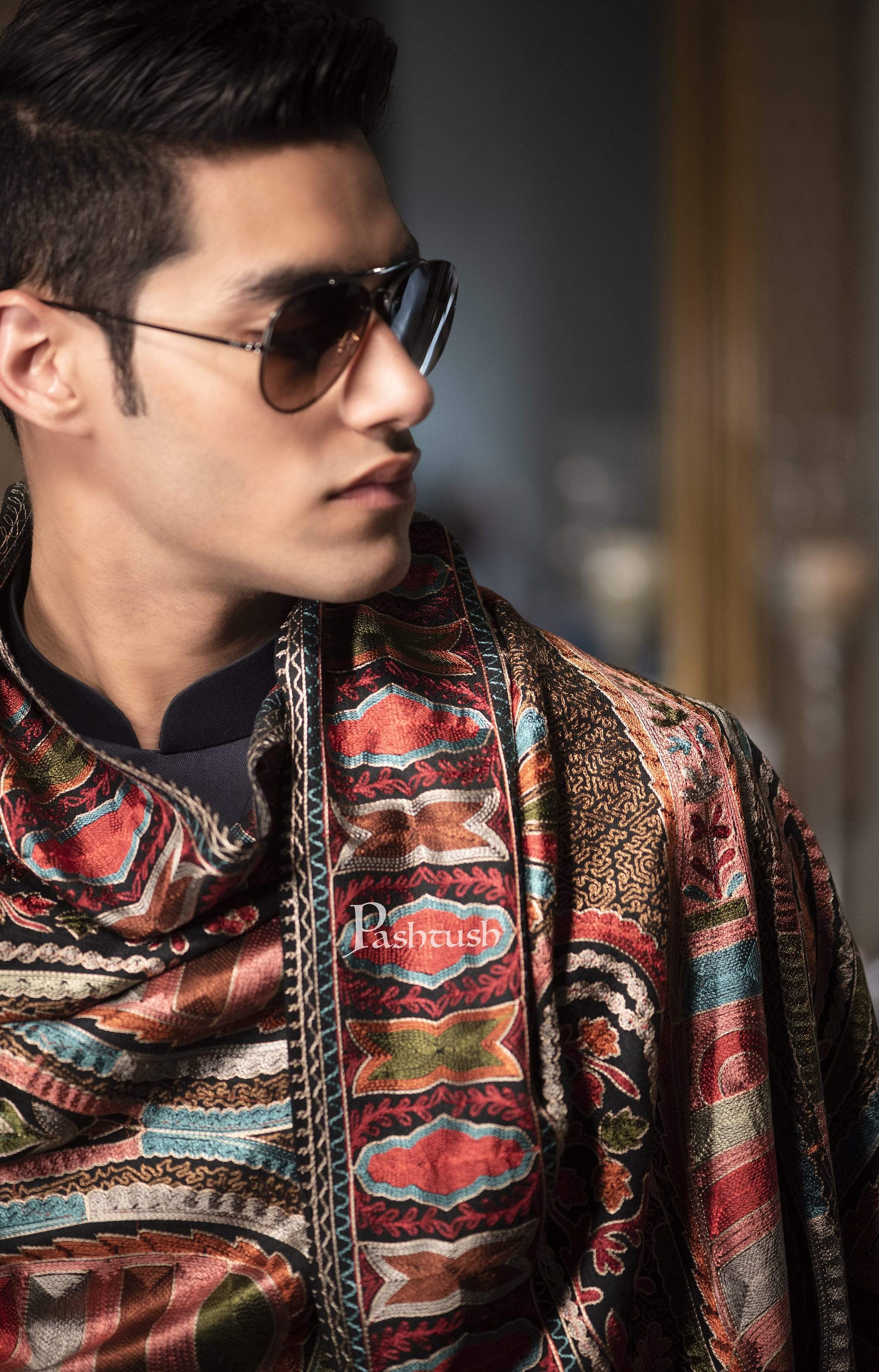 Pashtush Mens Collection, Wool Embroidery Nalki Scarf, Rich Black - Image 7