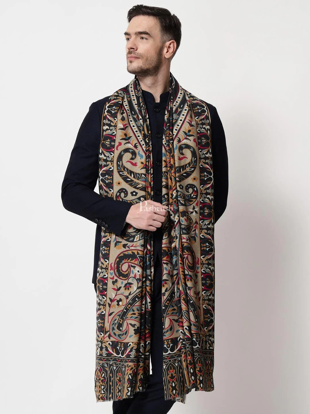 Pashtush Mens Printed Shawl, 100% Pure, Woolmark Certified, Full Size