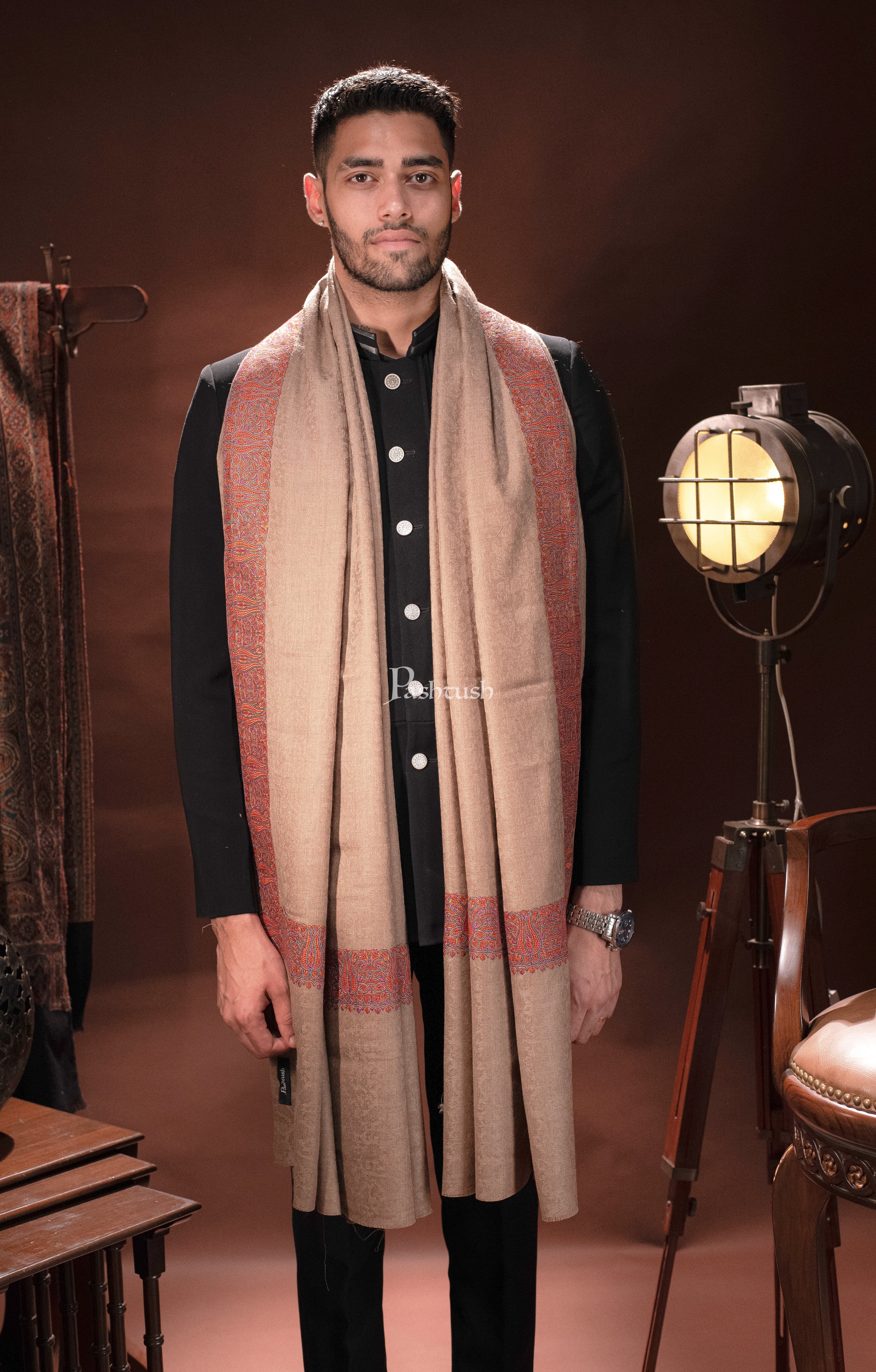 Pashtush Mens Daur Embroidery Shawl, Beige