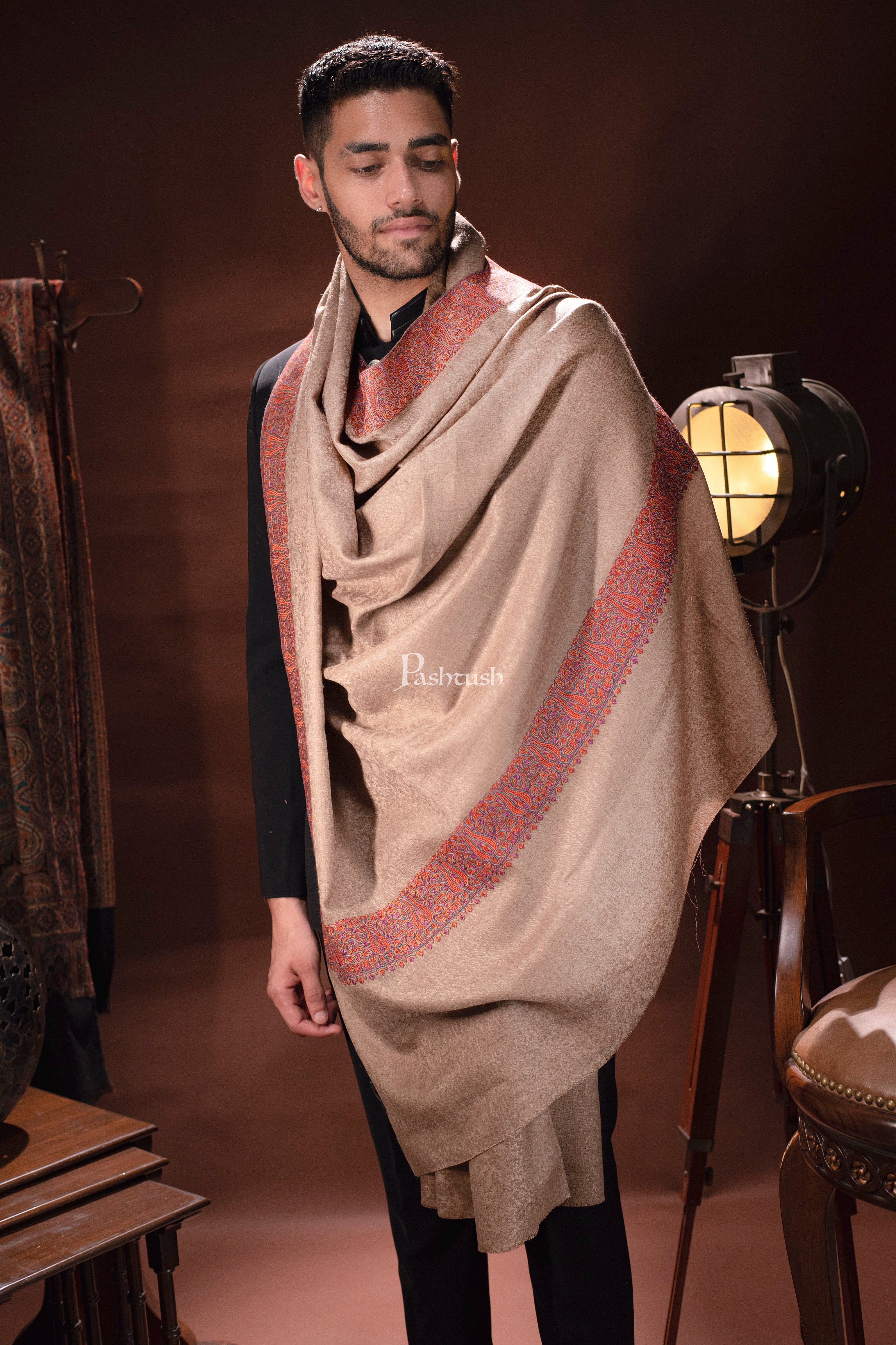 Pashtush Mens Daur Embroidery Shawl, Beige - Image 3
