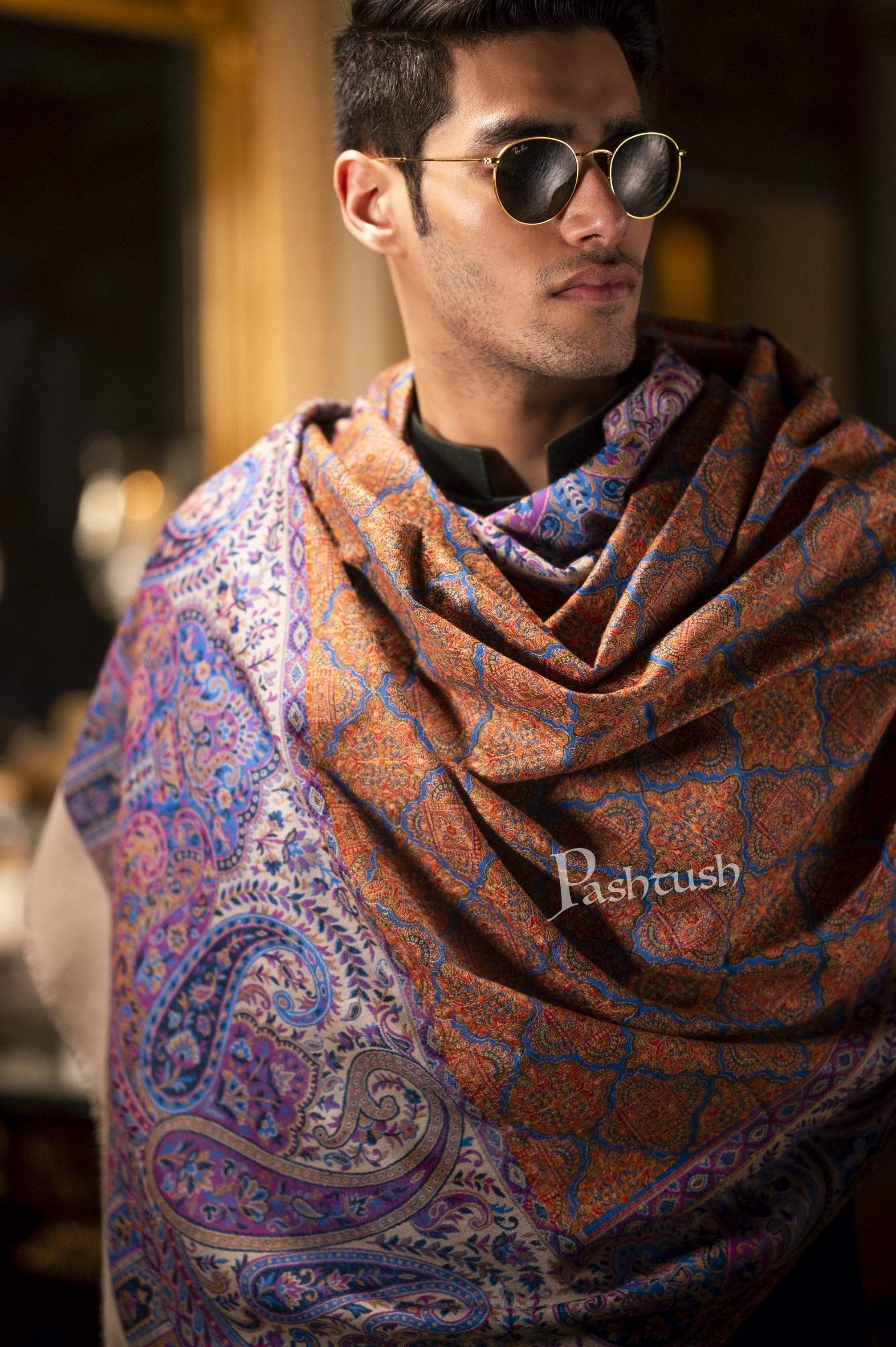 Pashtush Mens Embroidered Jamawar Stole, 100% Pure Wool (Woolmark Certified)