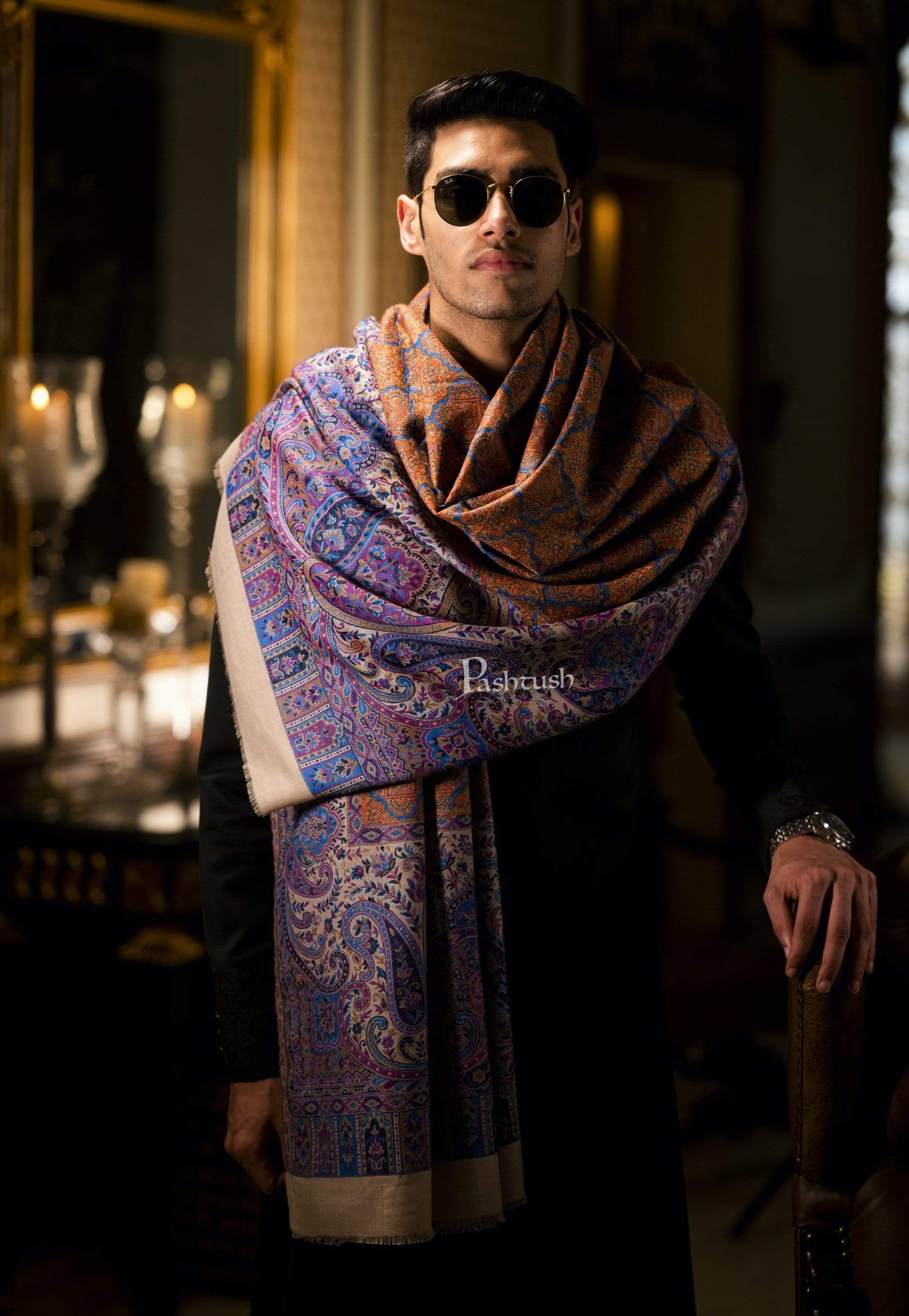Pashtush Mens Embroidered Jamawar Stole, 100% Pure Wool (Woolmark Certified) - Image 2
