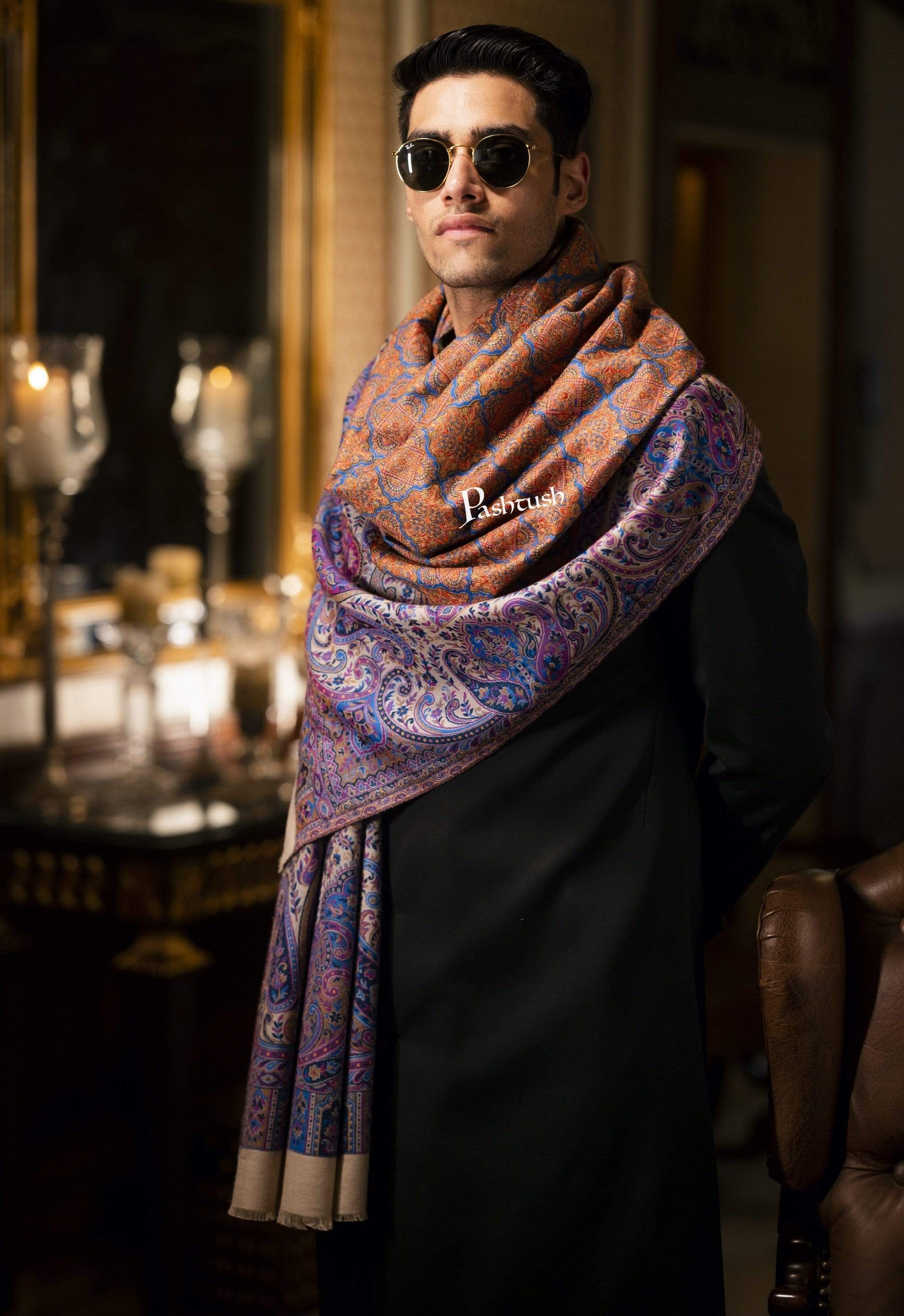 Pashtush Mens Embroidered Jamawar Stole, 100% Pure Wool (Woolmark Certified) - Image 3