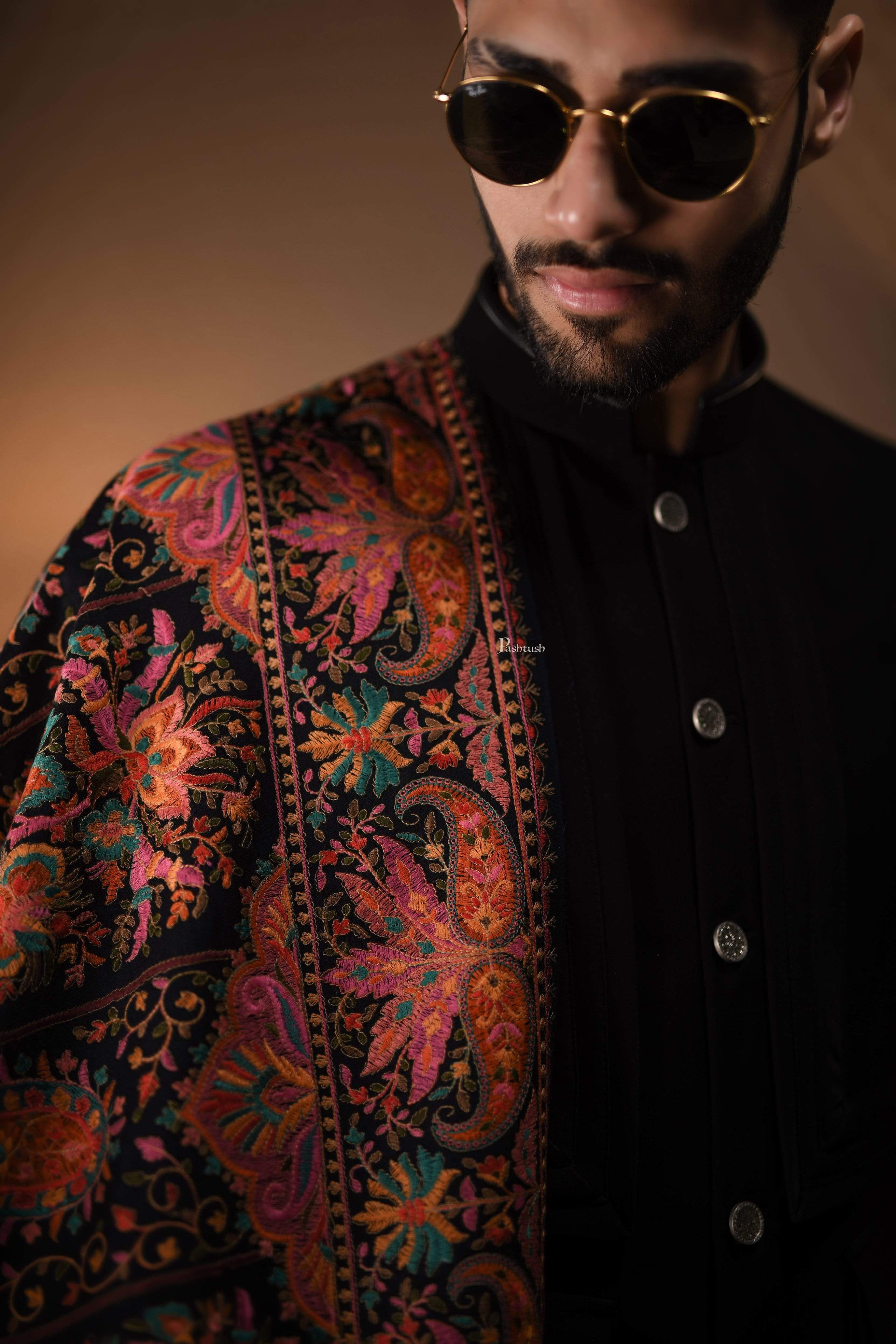 Pashtush Mens Embroidered Jamawar Stole, Fine Wool, Soft And Warm - Image 5
