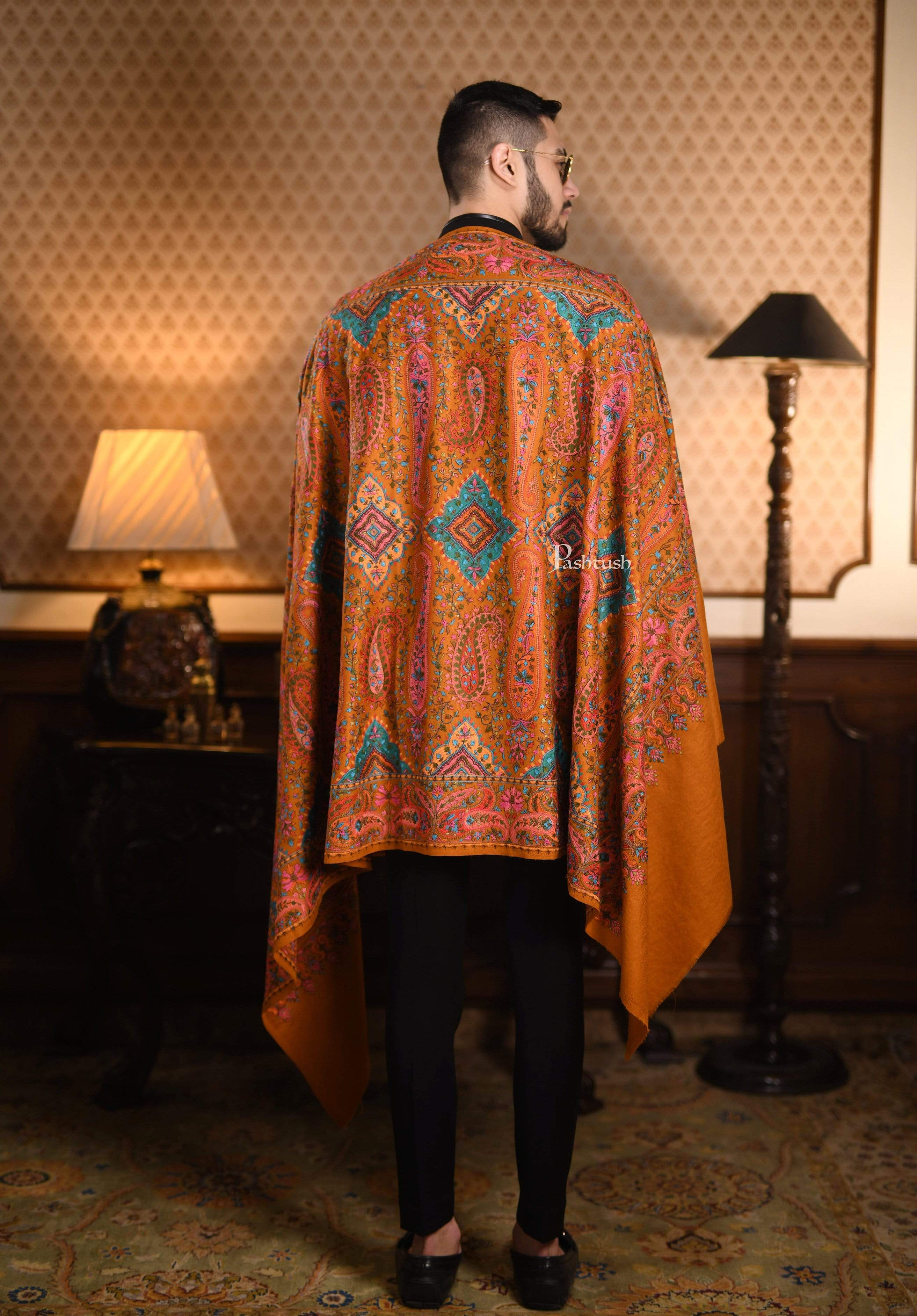 Pashtush Mens Embroidered Jamawar Stole, Fine Wool, Soft And Warm - Image 6
