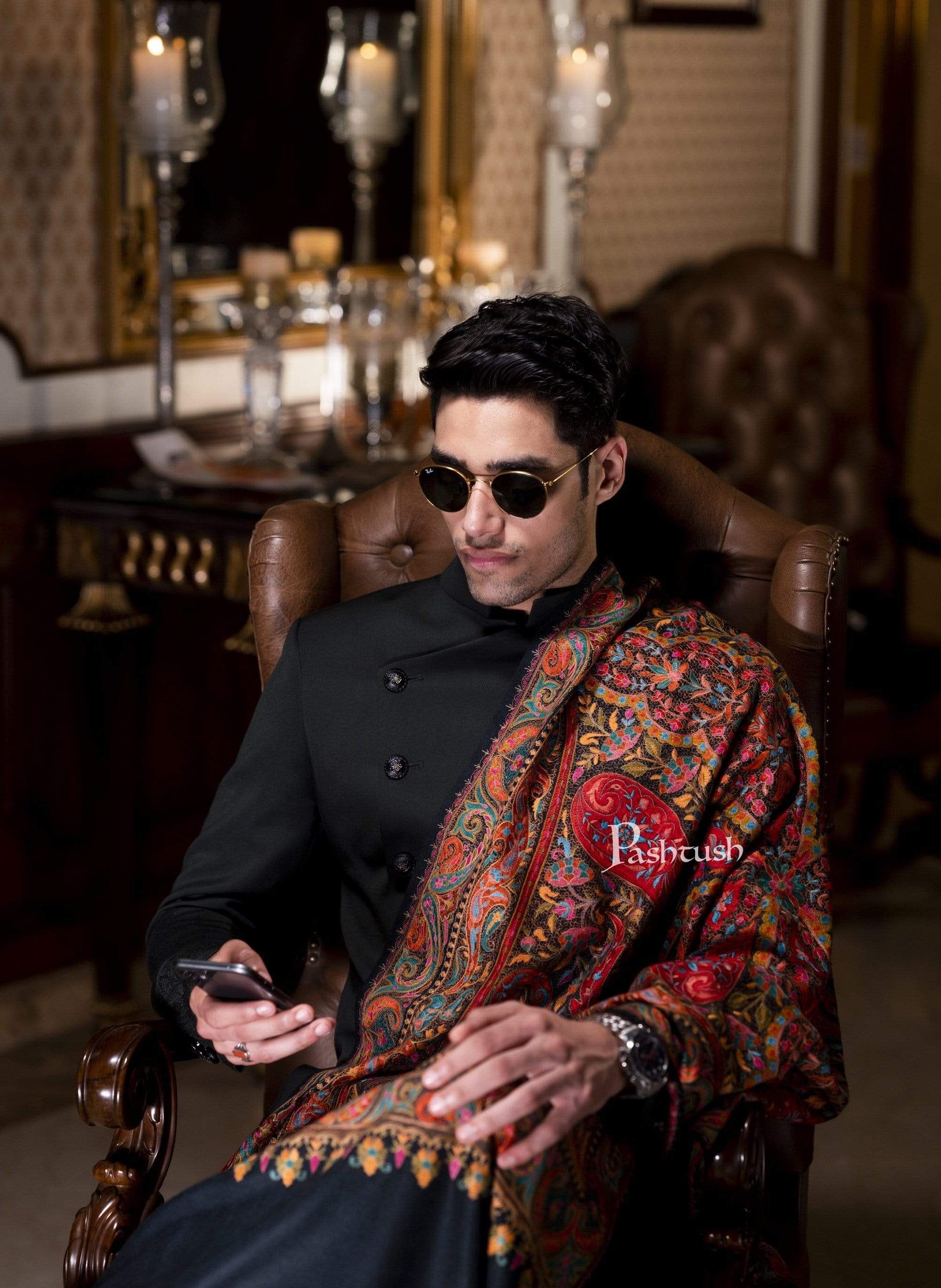 Pashtush Mens Papier-MâChé Embroidered  Stole, Fine Wool, Soft And Warm - Image 4