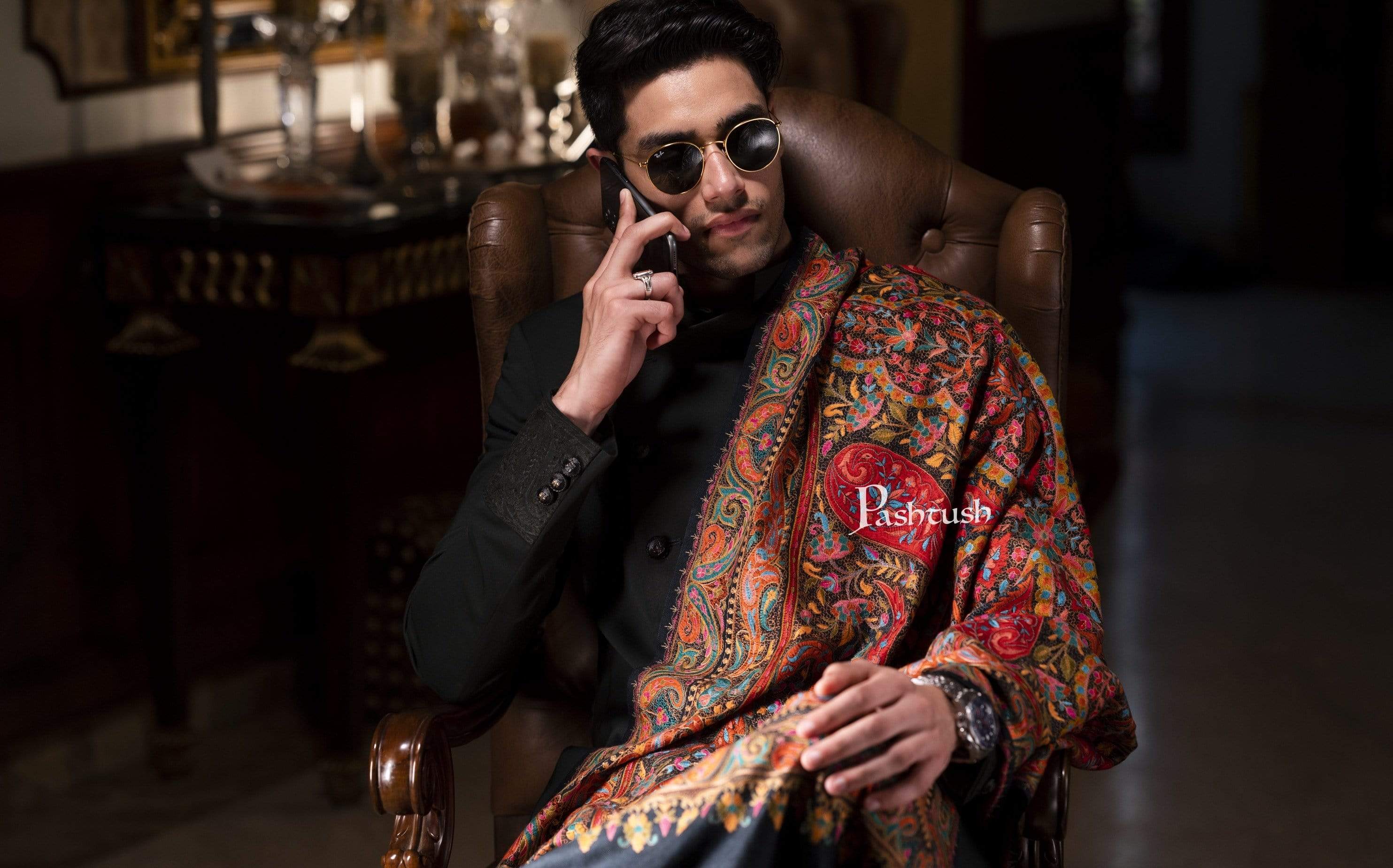 Pashtush Mens Papier-MâChé Embroidered  Stole, Fine Wool, Soft And Warm - Image 6