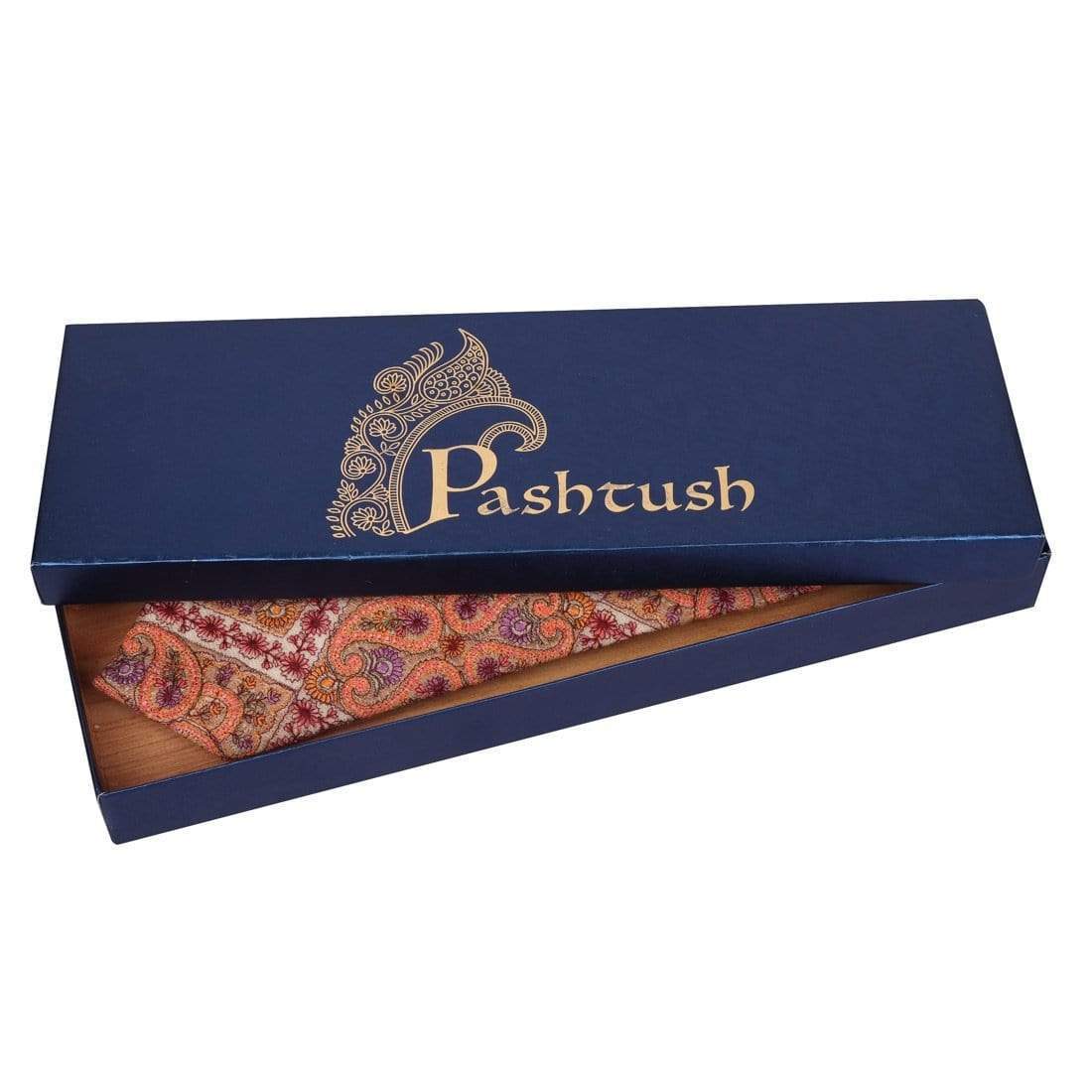 Pashtush Mens Embroidered Necktie, Wool, Paisley Design, Beige - Image 4
