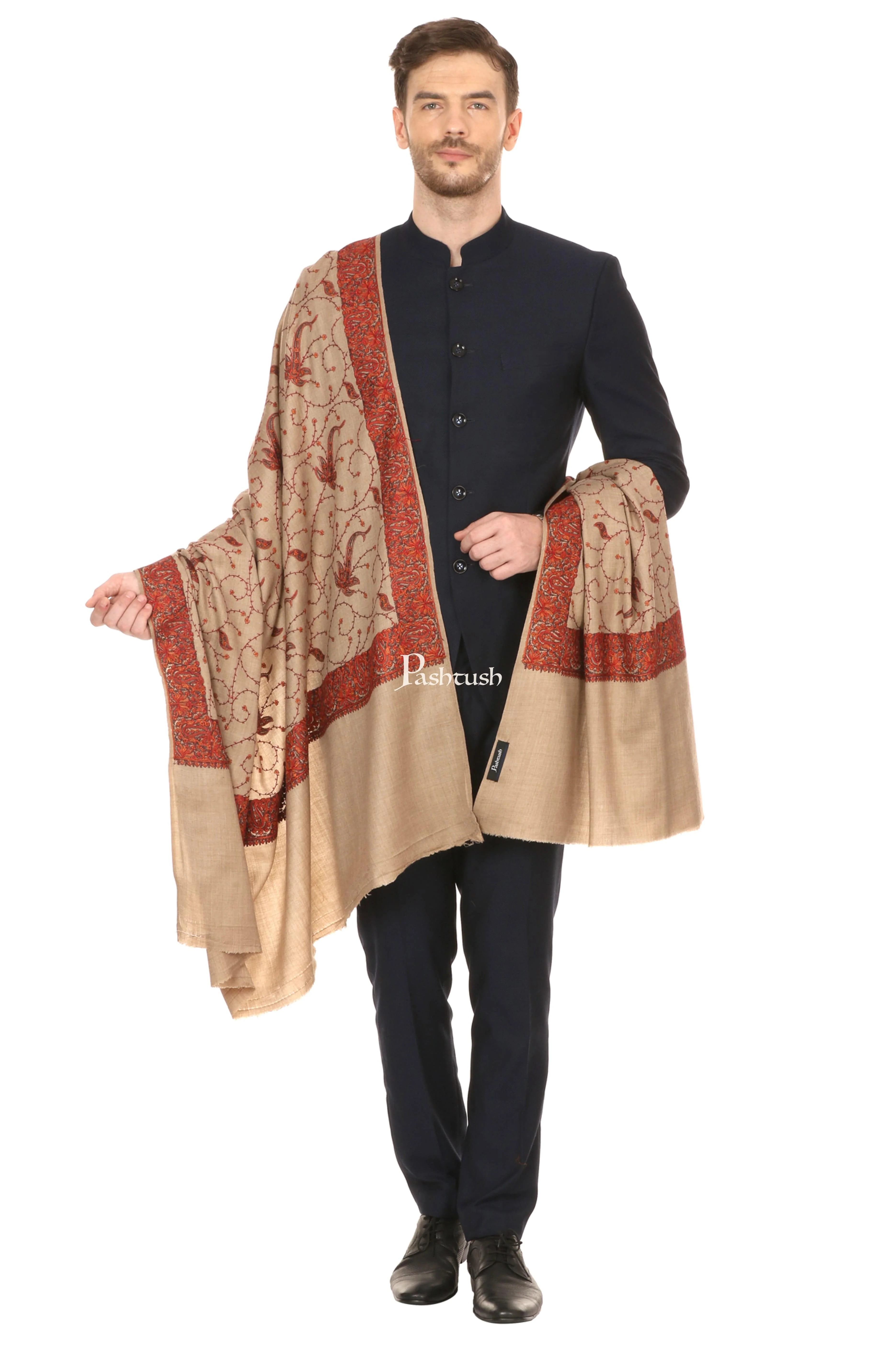 Pashtush Mens Embroidered Shawl In Fine Wool Handfeel - Image 4