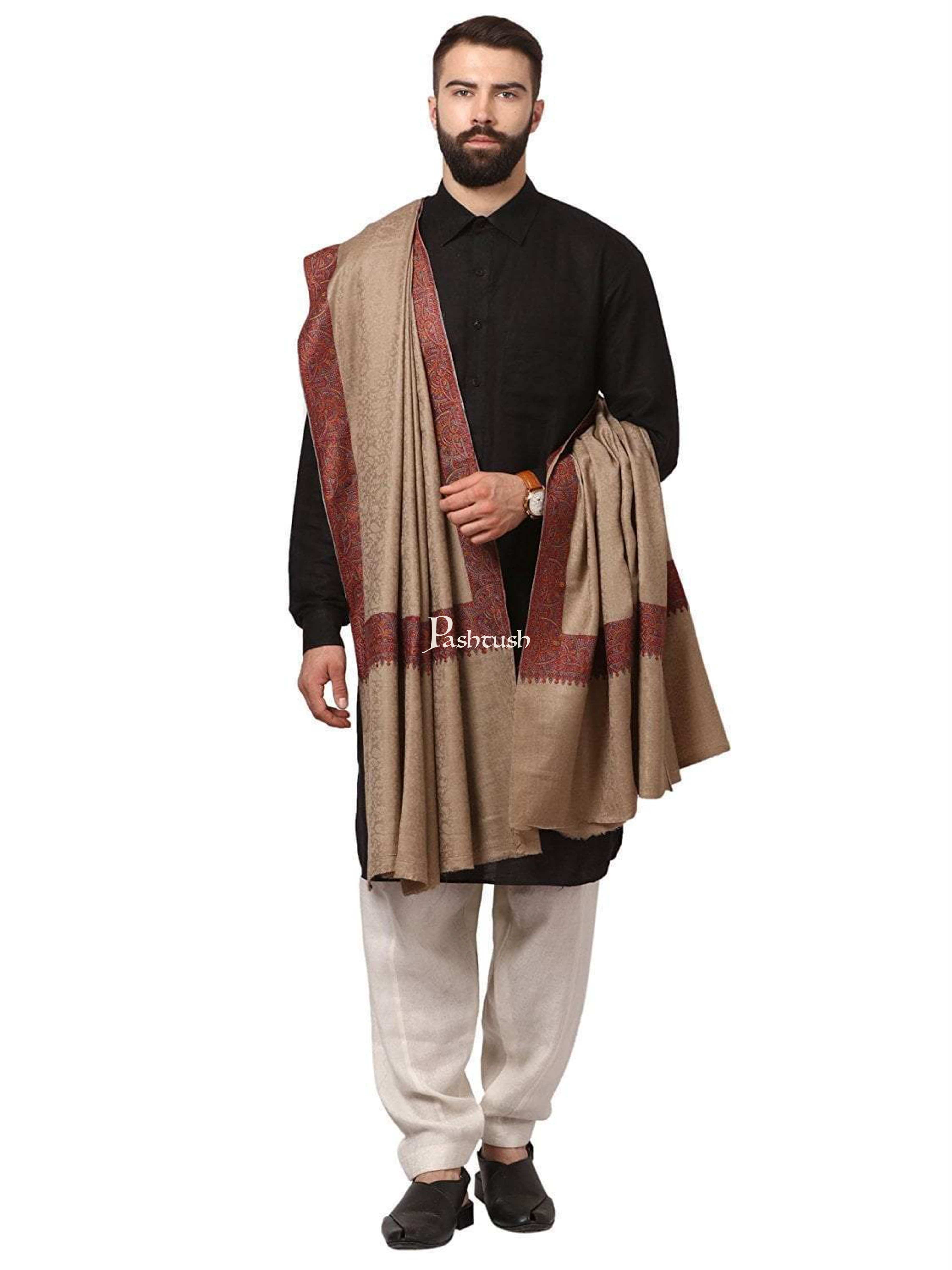 Pashtush Mens taupe Embroidery Daur Shawl - Image 3