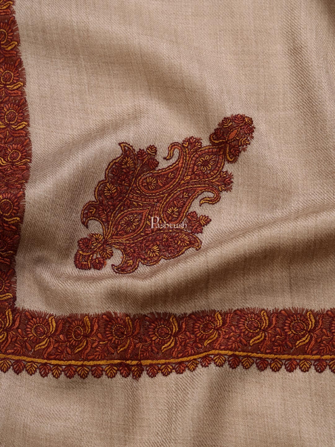 Pashtush Mens Embroidery Shawl, Kingri Design - Dark Beige - Image 2