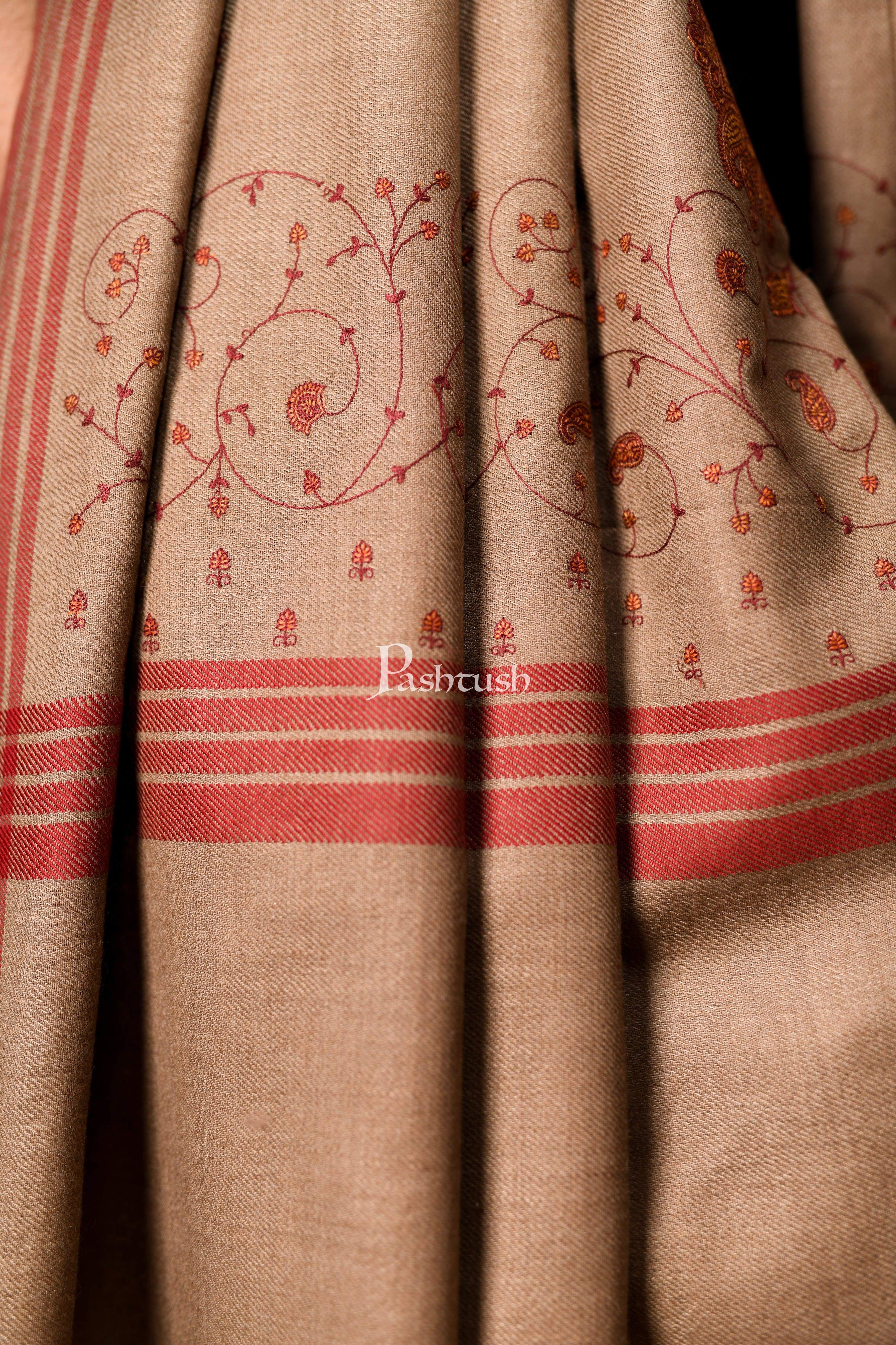 Pashtush Mens Embroidery Shawl, Woollen, Taupe - Image 3