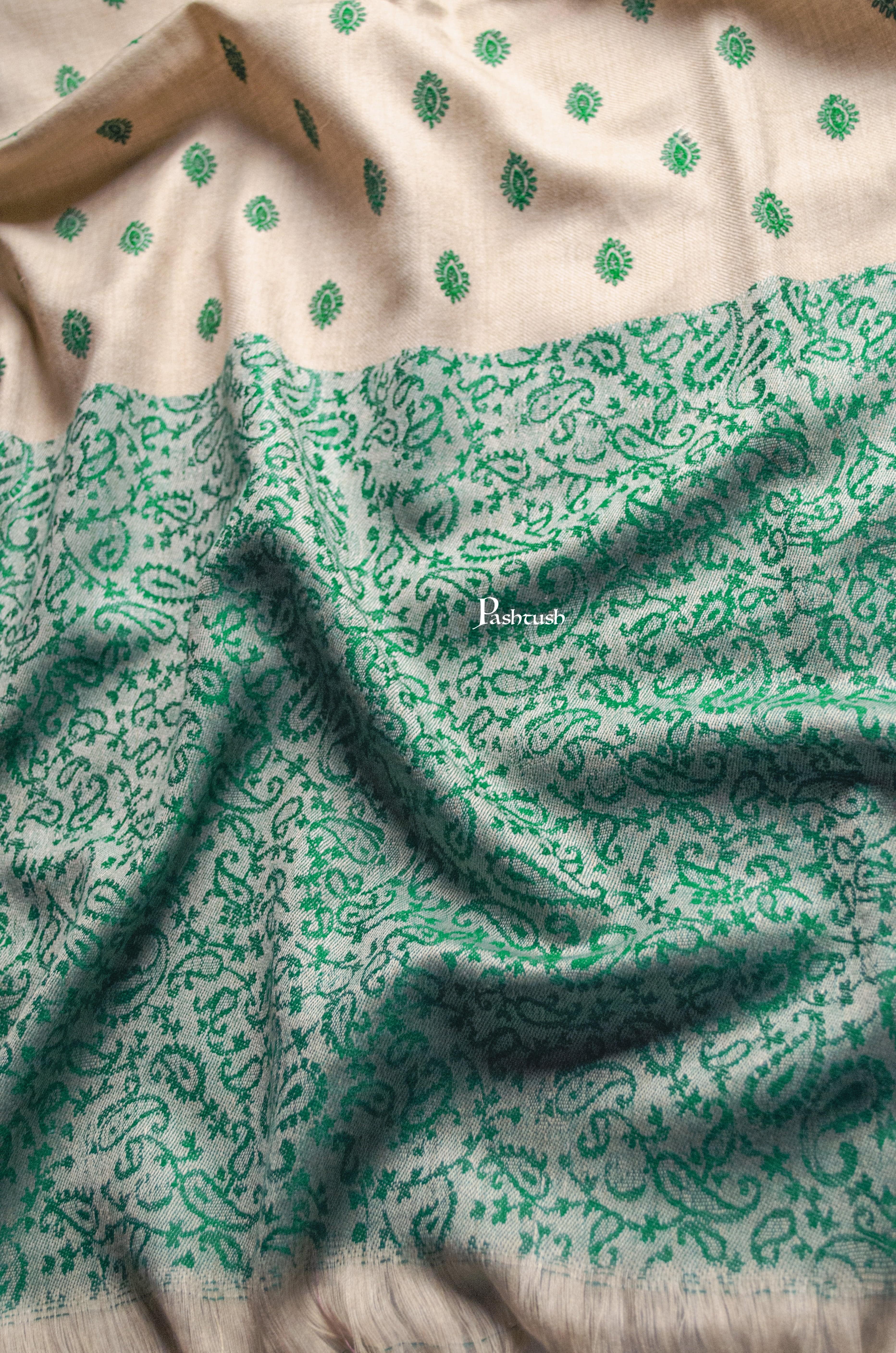 Pashtush Mens Embroidery Stole, Jacquard Palla, Fine Wool, Beige and Green