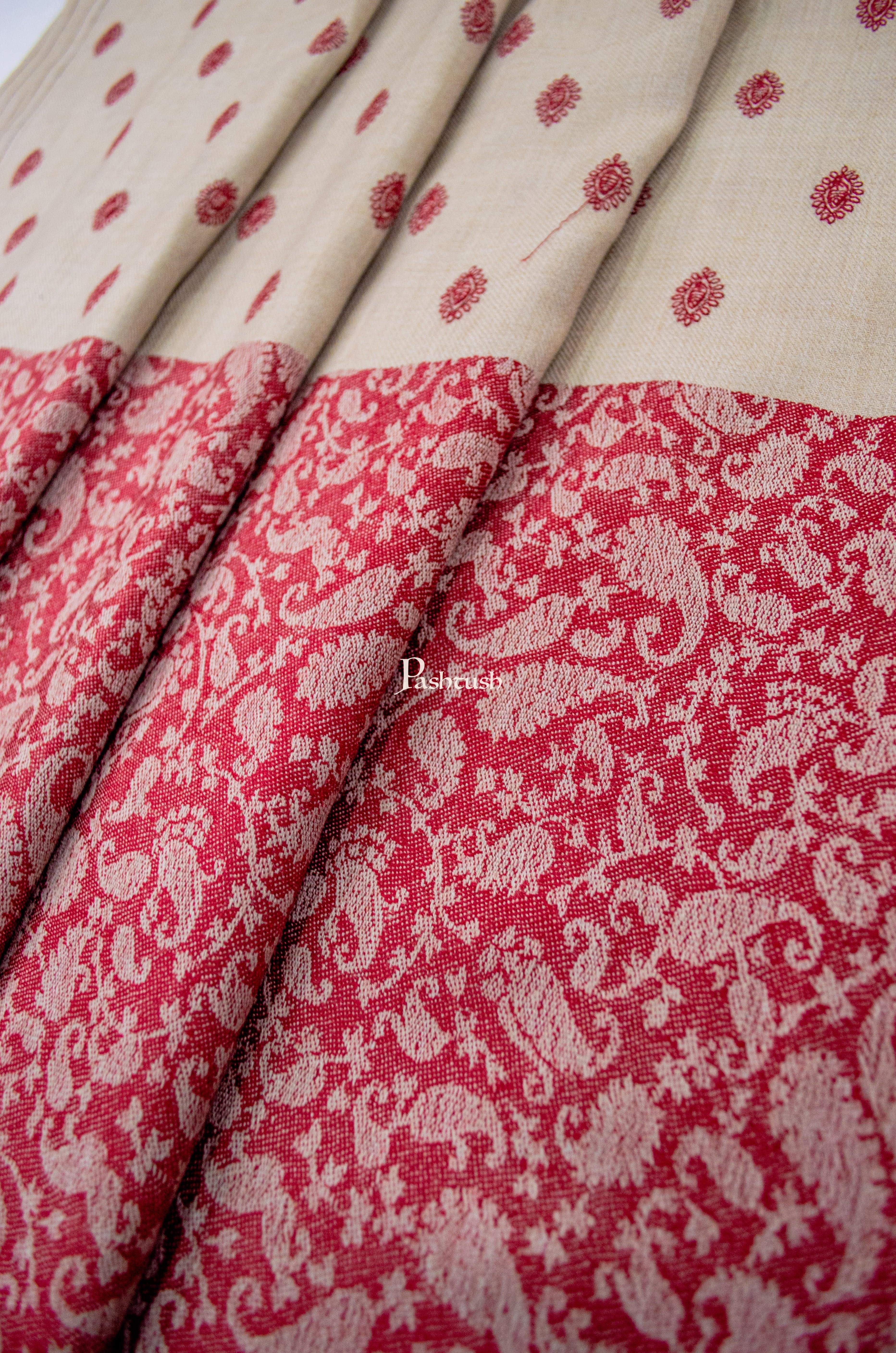 Pashtush Mens Embroidery Stole, Jacquard Palla, Fine Wool, Beige and Red - Image 2