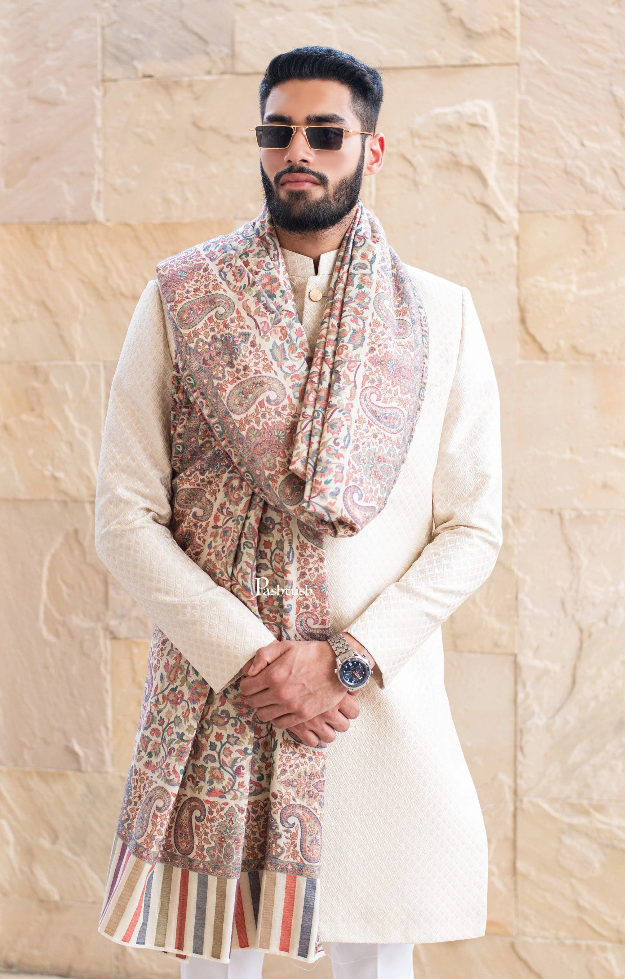 Pashtush Mens Ethnic Shawl, Mens Lohi, Full Size, Fine Wool, Ivory - Image 2