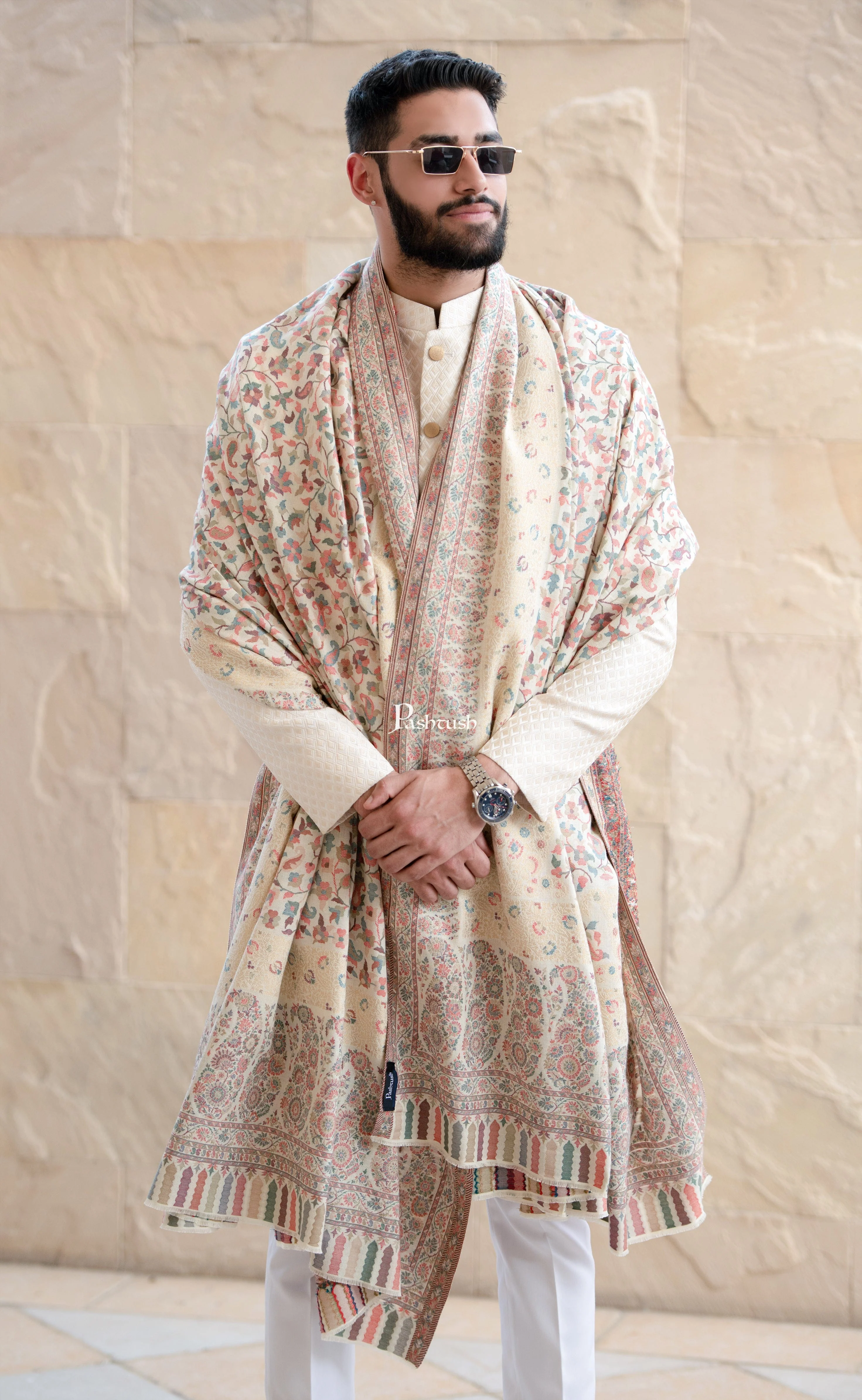 Pashtush Mens Ethnic Shawl, Mens Lohi , Full Size, Fine Wool, With Metallic Weave , Ivory - Image 4