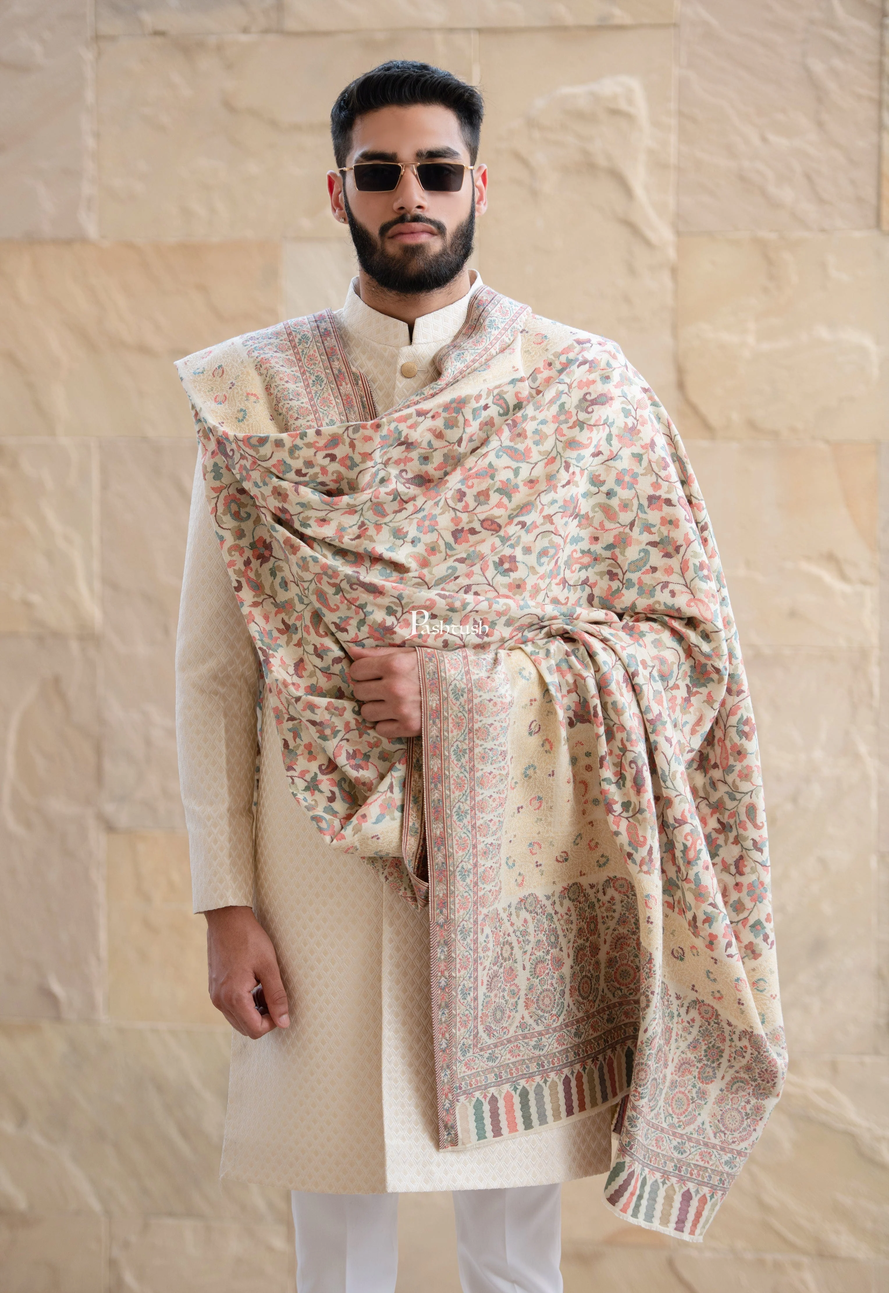 Pashtush Mens Ethnic Shawl, Mens Lohi , Full Size, Fine Wool, With Metallic Weave , Ivory - Image 7
