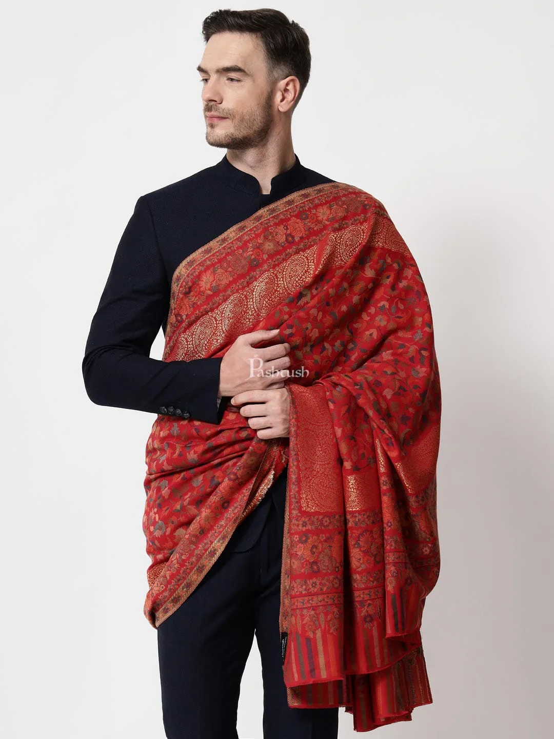 Pashtush Mens Ethnic Shawl, Mens Lohi , Full Size, Fine Wool, With Metallic Weave, Maroon