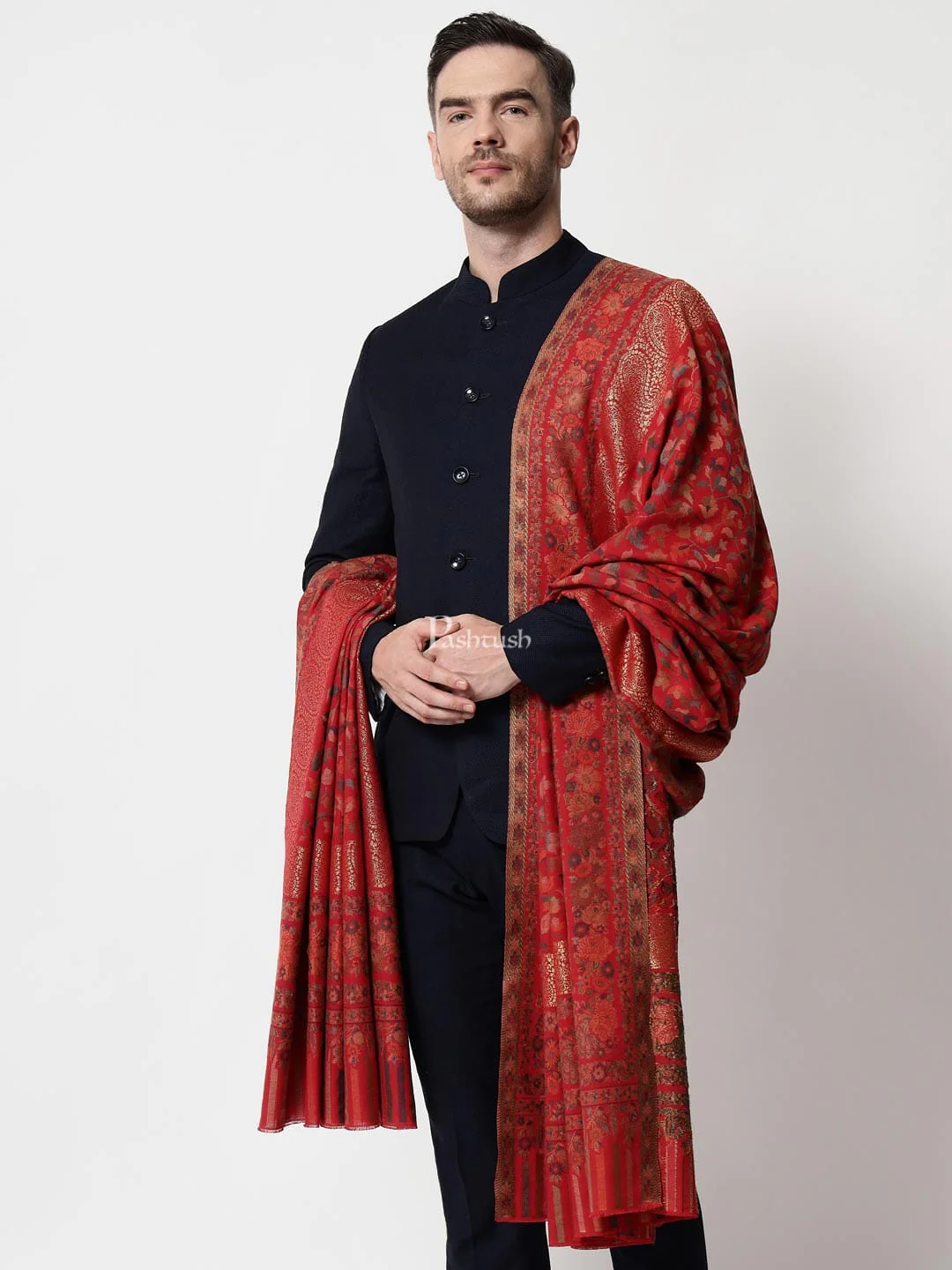 Pashtush Mens Ethnic Shawl, Mens Lohi , Full Size, Fine Wool, With Metallic Weave, Maroon - Image 4