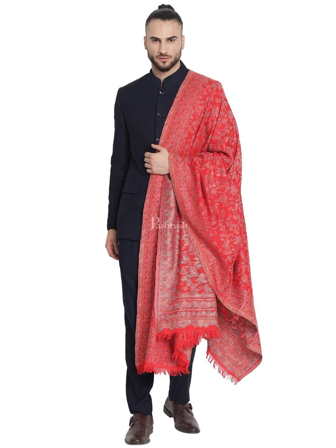 Pashtush Mens Ethnic Stole, Faux Pashmina, Soft And Warm (Scarlet Red) - Image 4