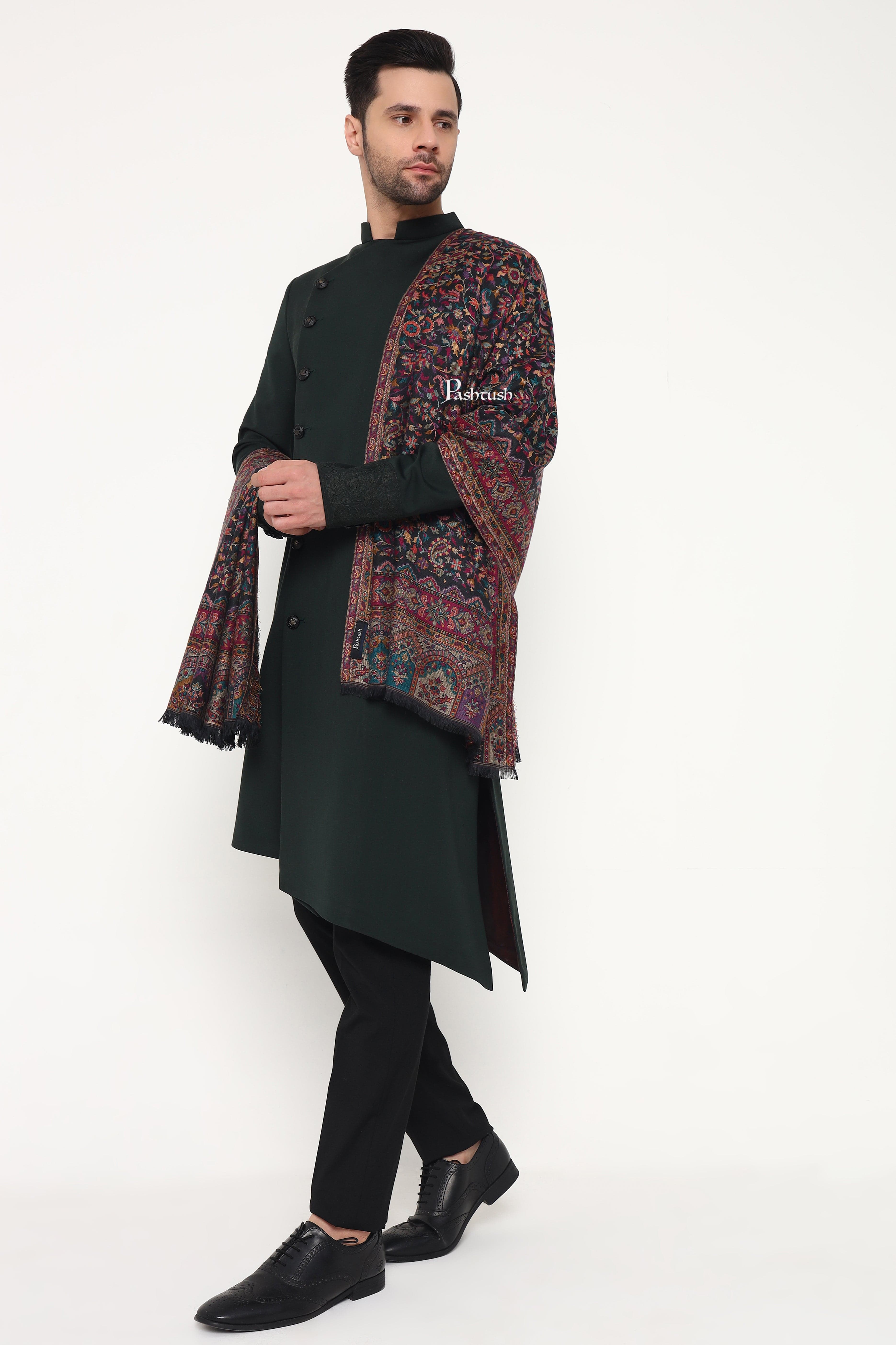 Pashtush Mens Ethnic Weave Stole, Woven Design, Black