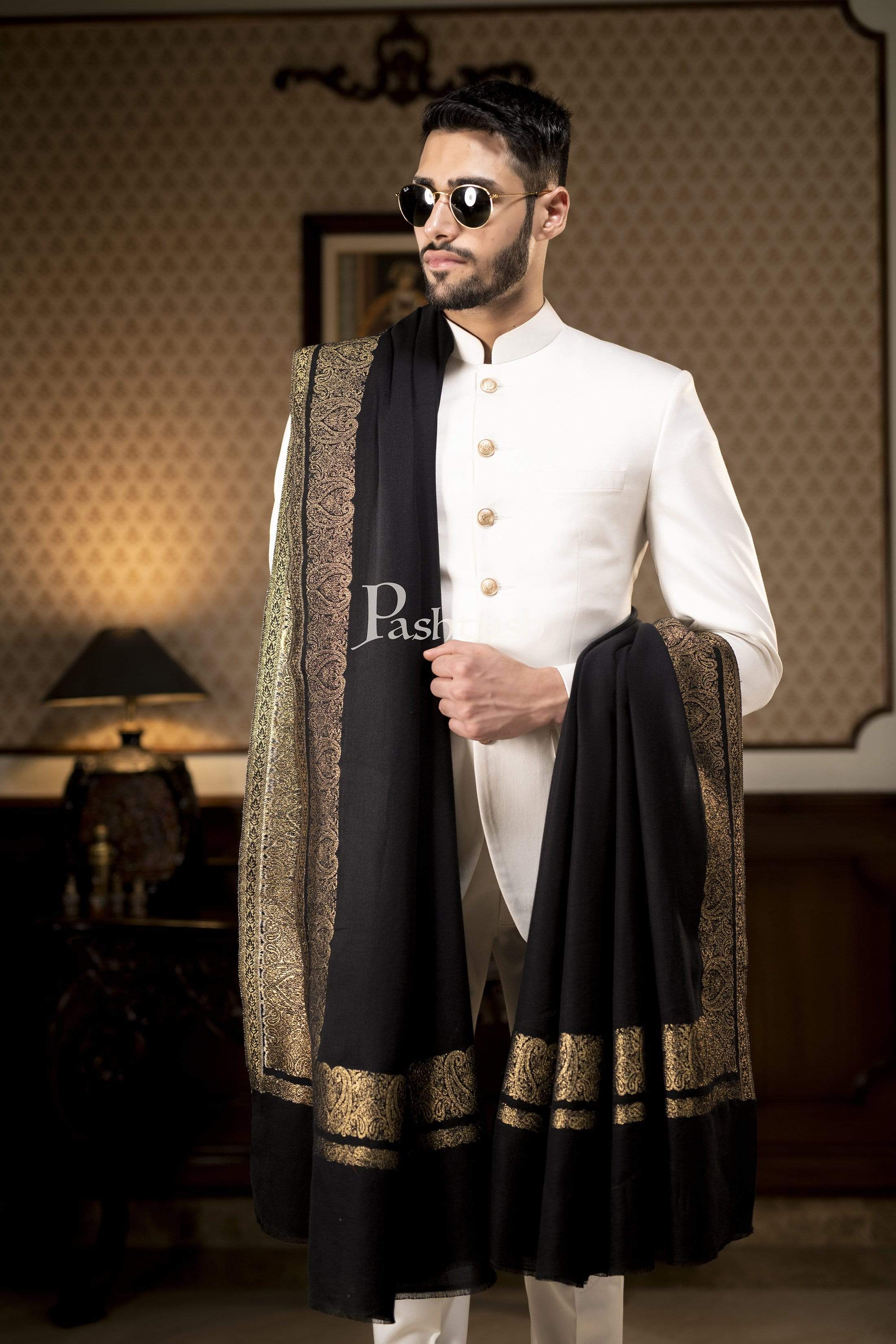 Pashtush Mens Extra Fine Count Wool Shawl, Metallic Tilla Border Weave, Full Size - Image 5