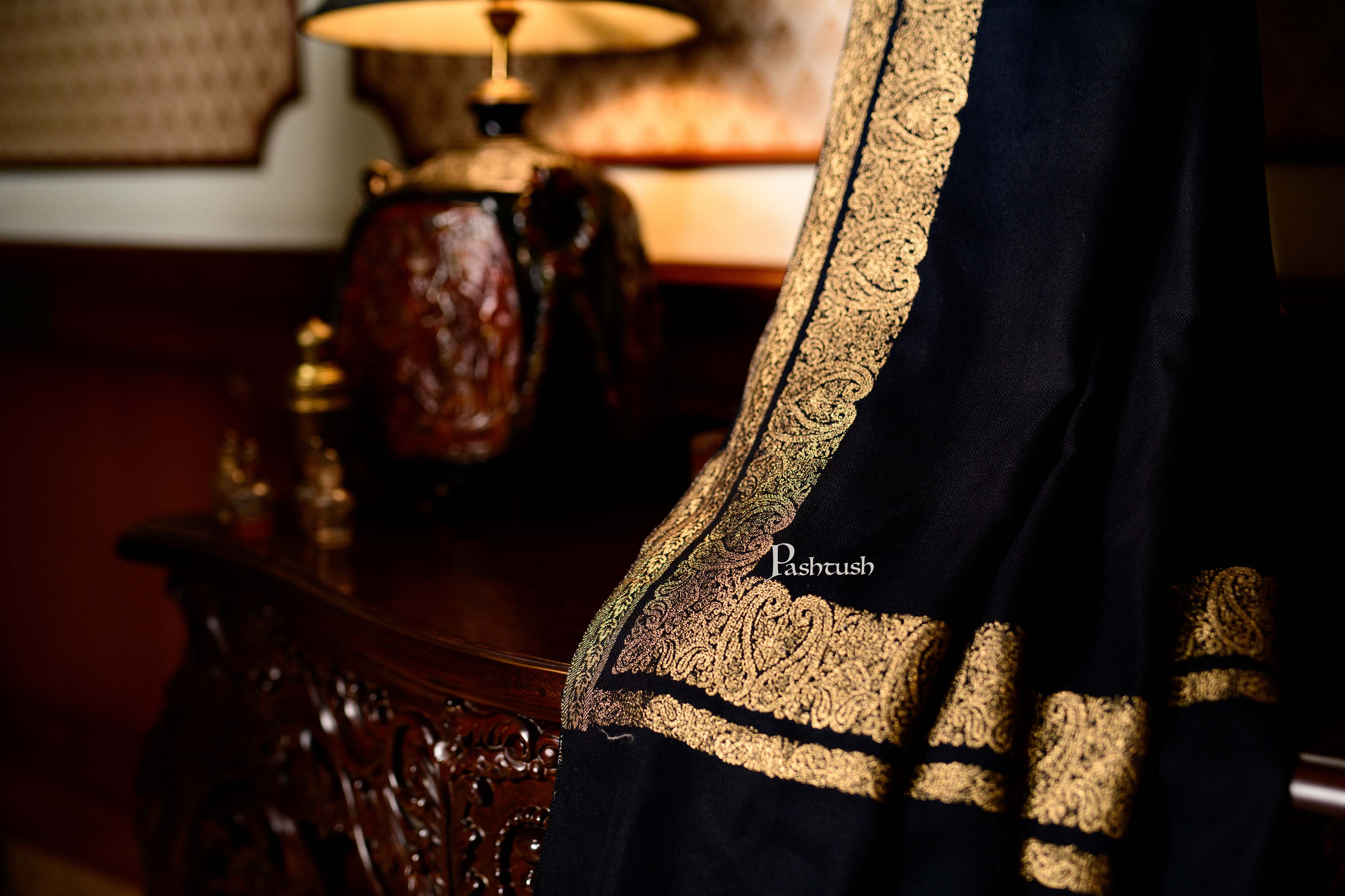 Pashtush Mens Extra Fine Count Wool Shawl, Metallic Tilla Border Weave, Full Size - Image 2