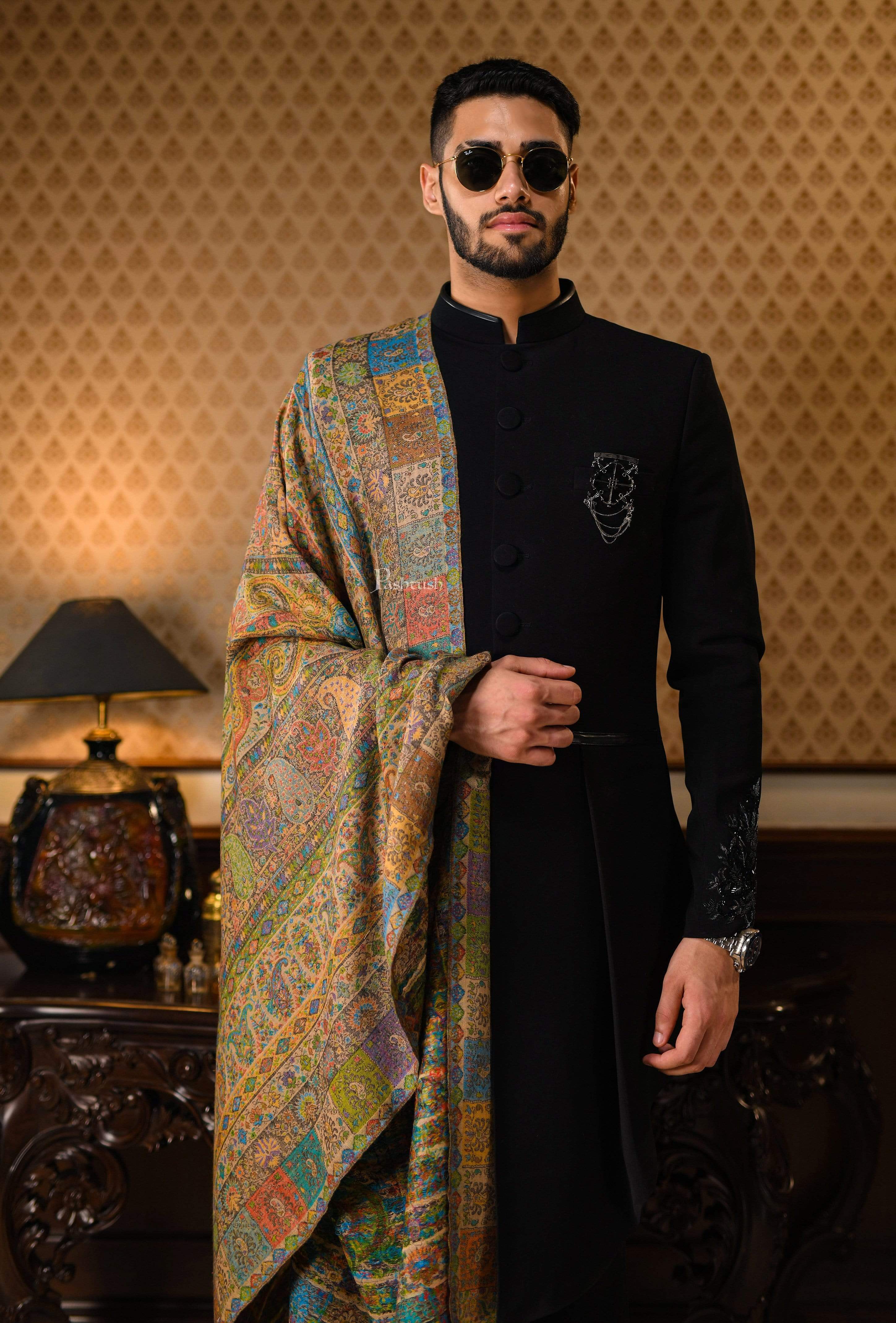 Pashtush Mens Extra Fine Ethnic Stole, Pure Wool, Woolmark Certificate