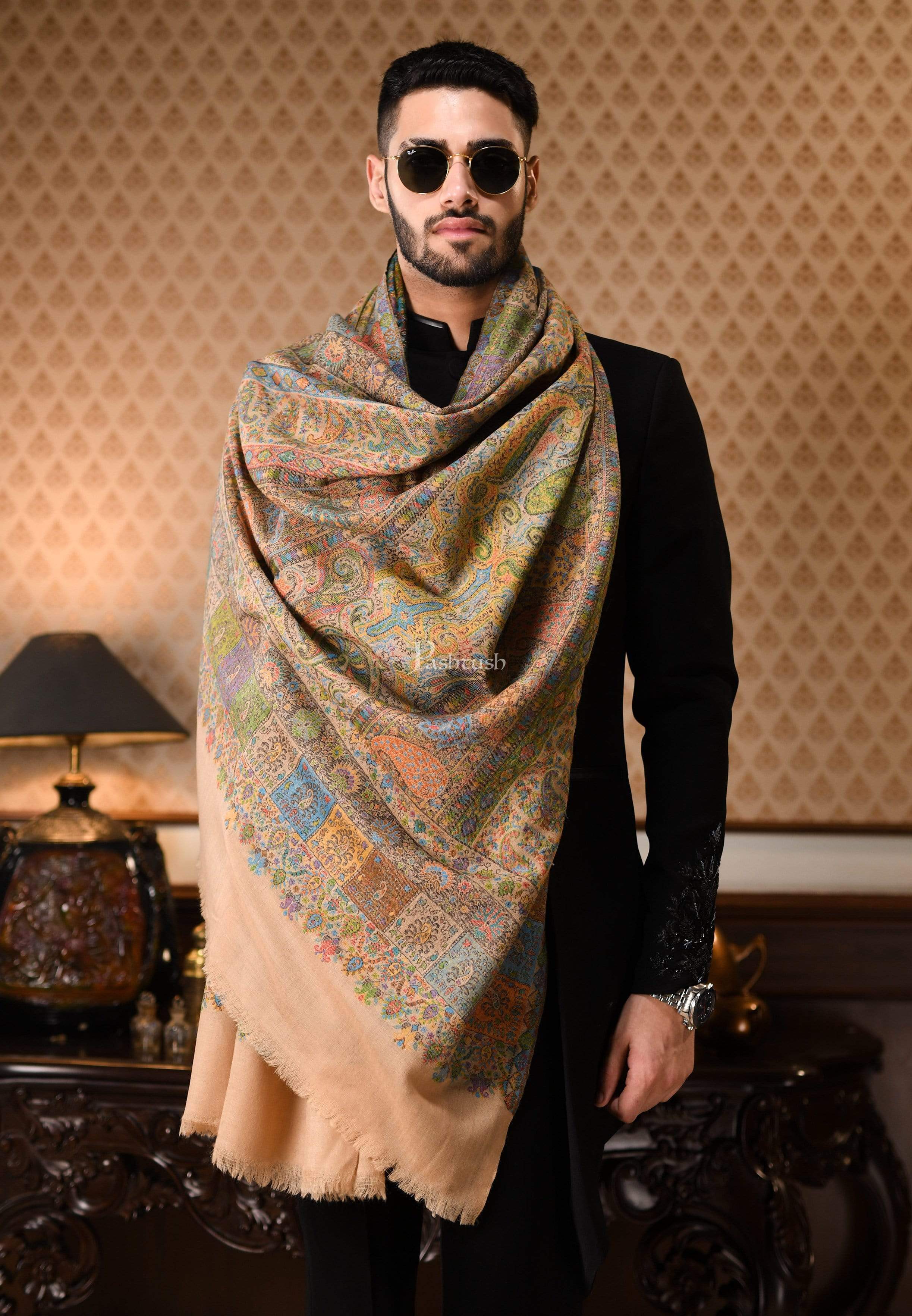 Pashtush Mens Extra Fine Ethnic Stole, Pure Wool, Woolmark Certificate - Image 2