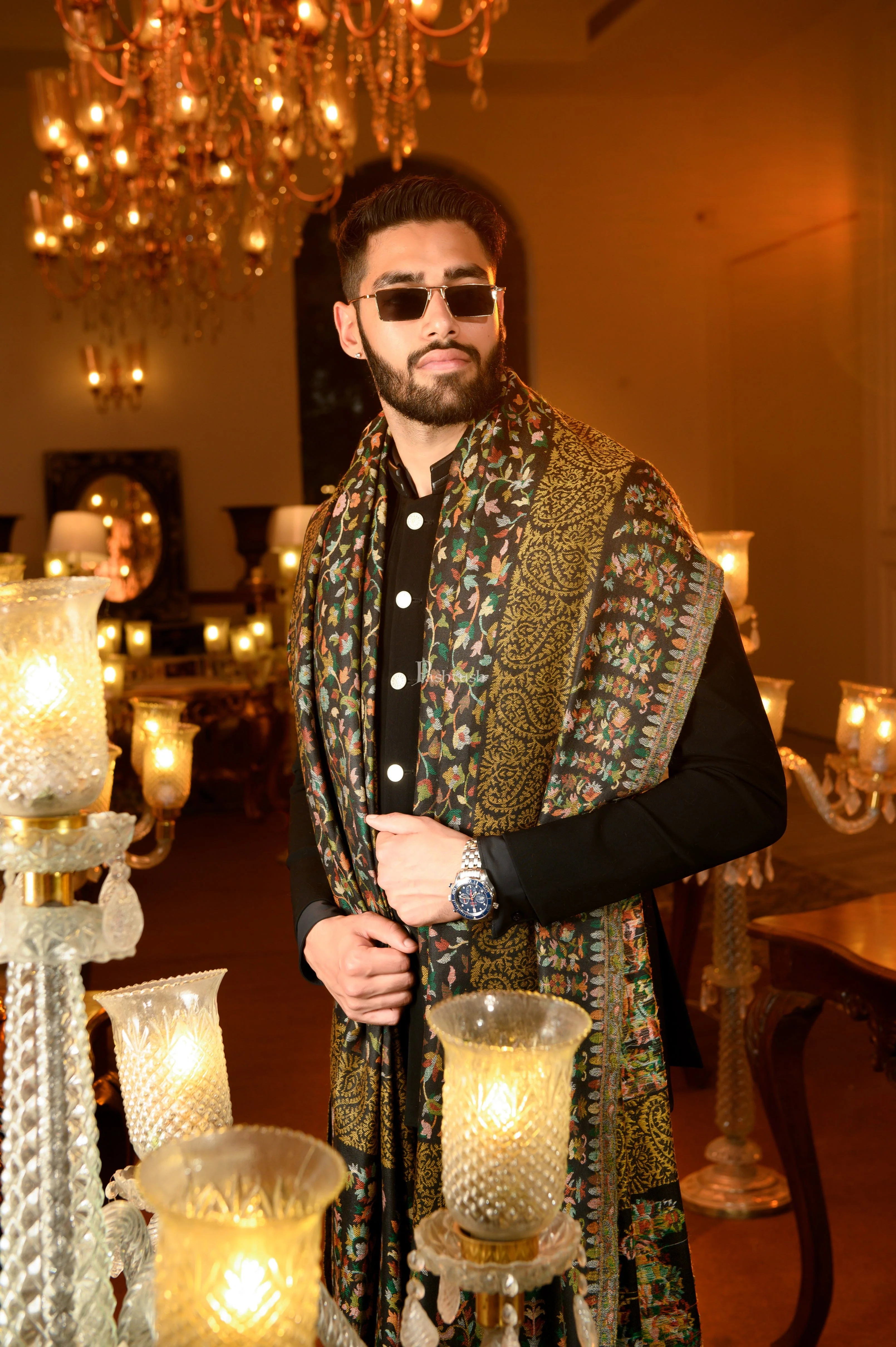 Pashtush Mens Extra Fine Wool Ethnic Shawl, Metallic weave border, Full Size, Black - Image 2