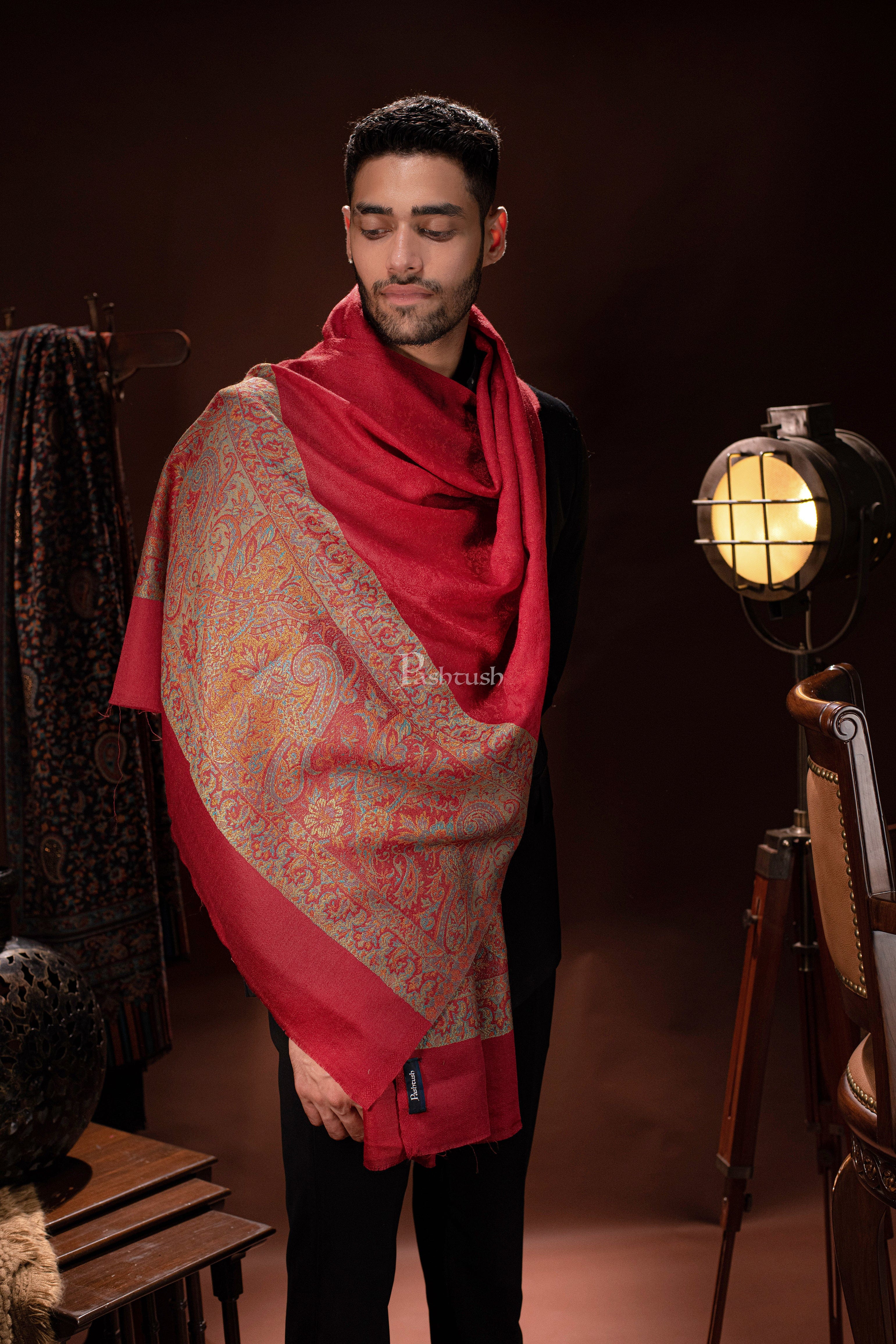 Pashtush mens Extra Fine Wool self stole, ethnic palla design, Maroon - Image 2