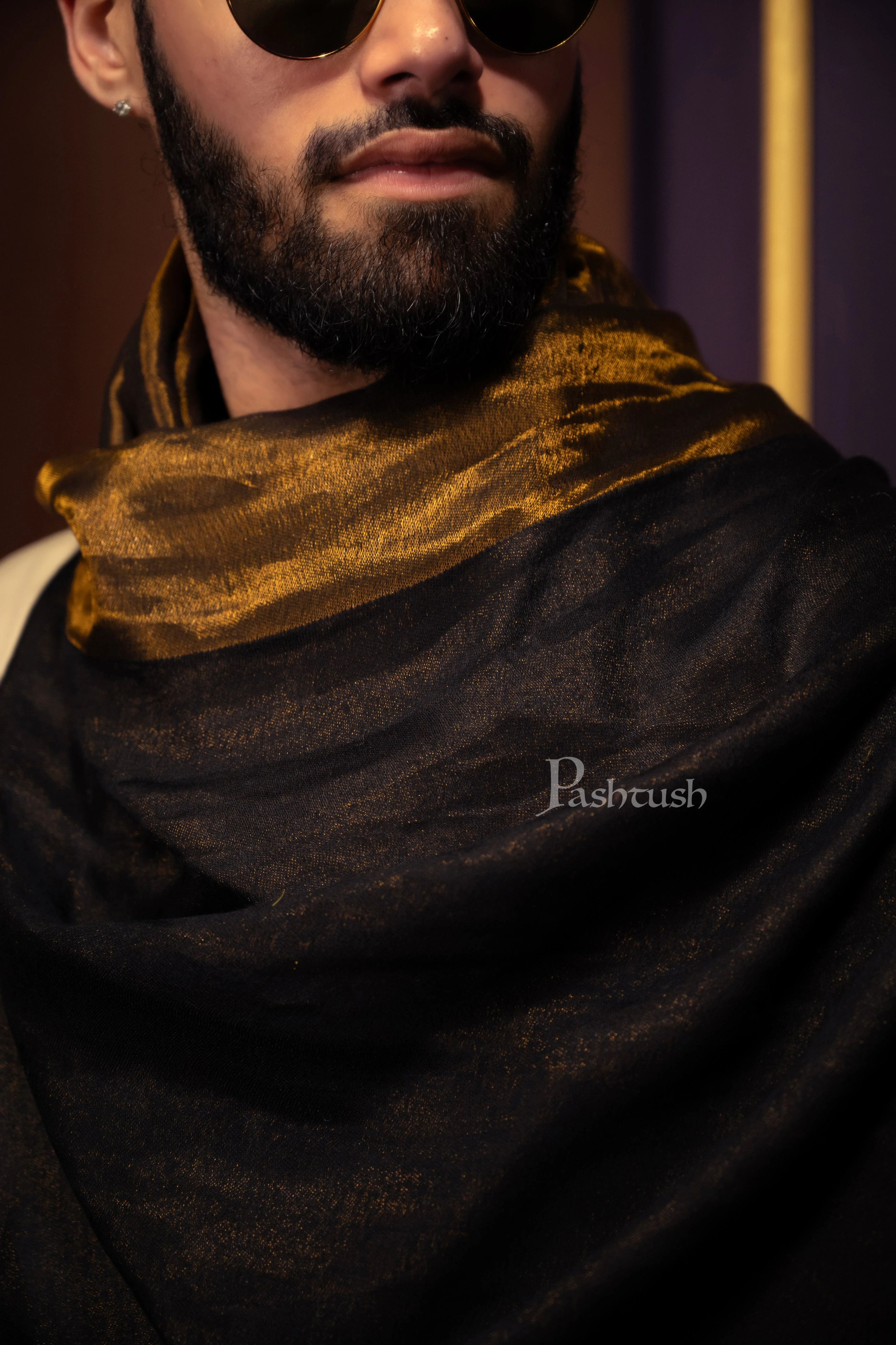 Pashtush Mens Extra Fine Wool Shawl, Border Twilight Collection Design, Black - Image 2