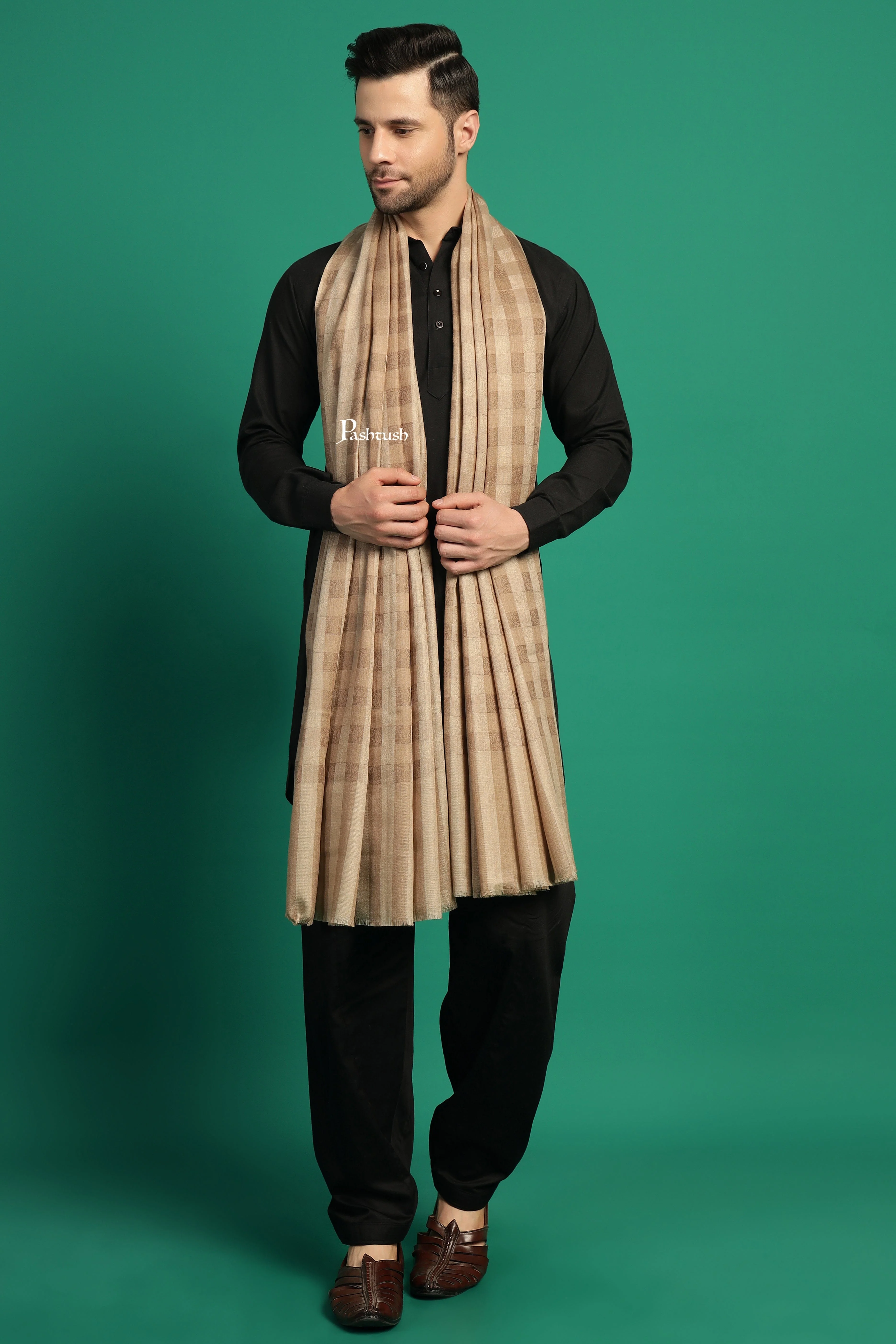 Pashtush Mens Extra Fine Wool Shawl, Check Ambi Design, Beige - Image 2