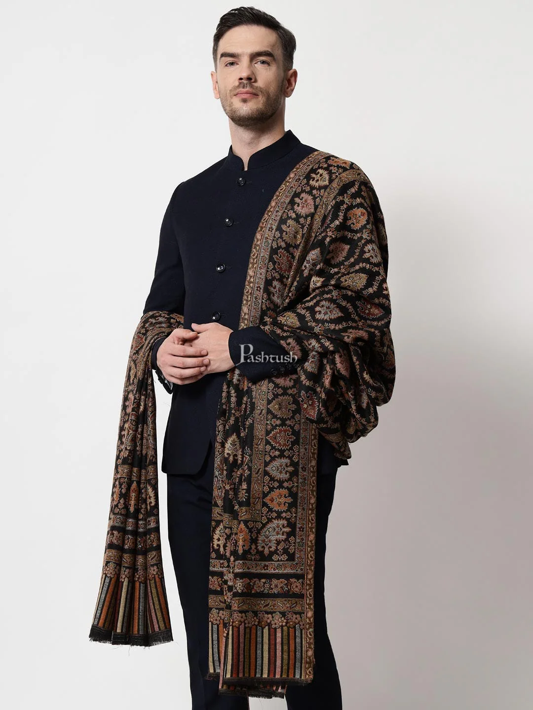 Pashtush mens Extra Fine Wool shawl, Ethnic design, Black - Image 2