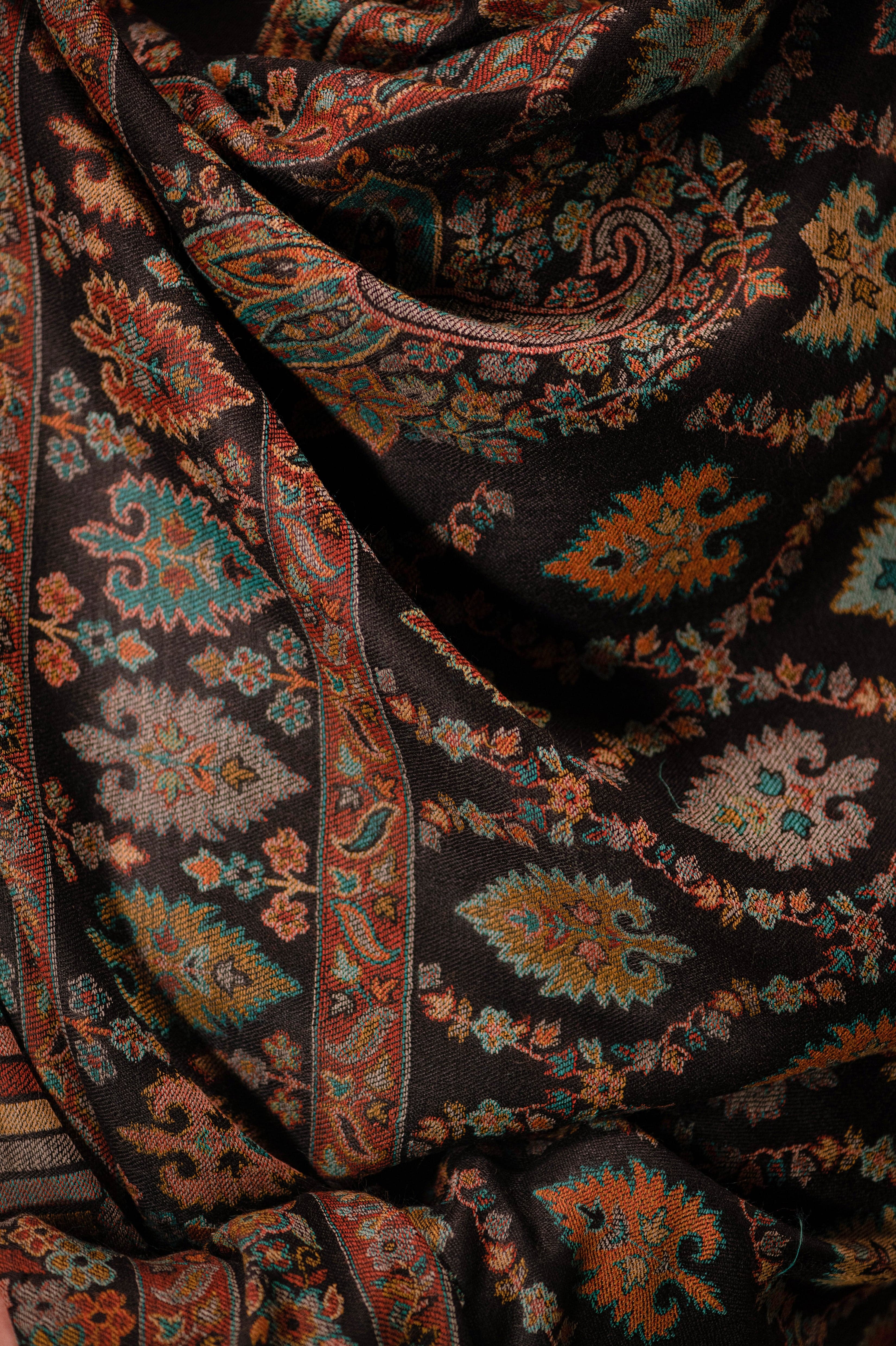 Pashtush mens Extra Fine Wool shawl, Ethnic design, Black - Image 2